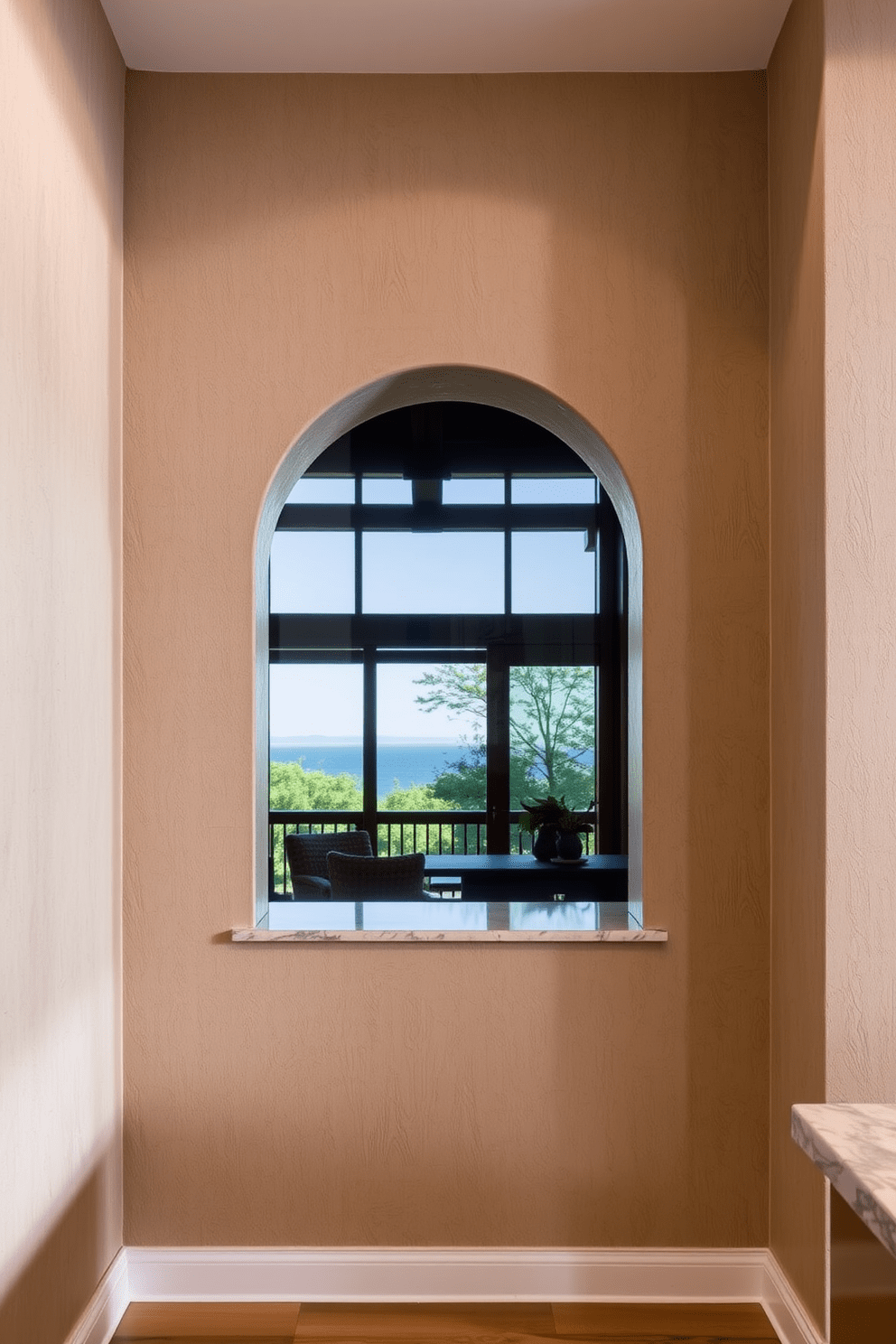 A textured wall features an elegant arched cutout design that adds depth and character to the kitchen space. The arch frames a beautiful view, seamlessly blending indoor and outdoor elements while enhancing the overall aesthetic.