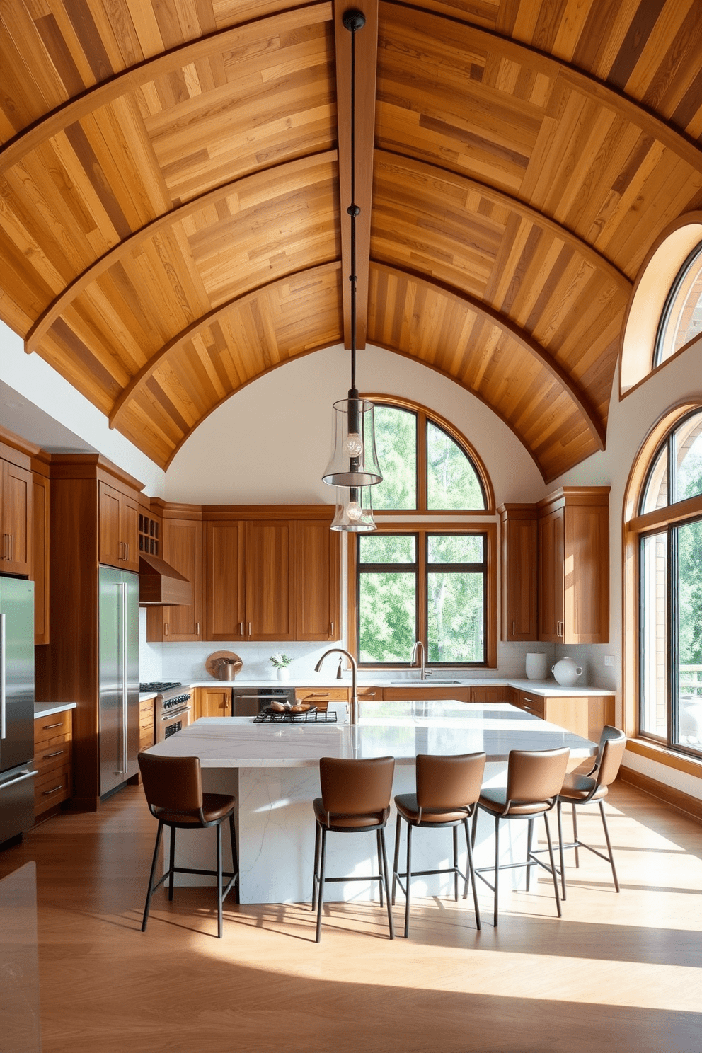 A spacious kitchen features an arched ceiling adorned with elegant wood paneling accents that create a warm and inviting atmosphere. The design includes large windows that allow natural light to flood the space, enhancing the rich tones of the wood. The kitchen island is topped with a sleek marble countertop and surrounded by stylish bar stools, providing a perfect spot for casual dining. Modern pendant lights hang gracefully from the arched ceiling, adding a touch of sophistication to the overall design.