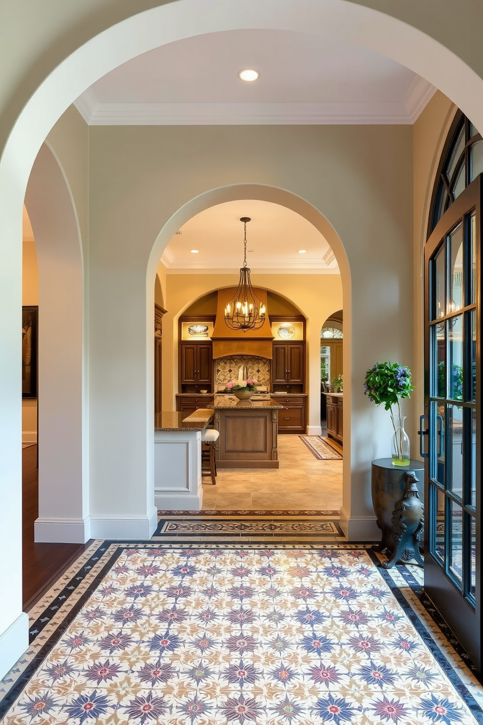 A stunning arched entryway features intricate decorative tile work that draws the eye. The tiles showcase a vibrant pattern that complements the overall aesthetic of the home. The kitchen showcases elegant arch design ideas that create an inviting atmosphere. Soft lighting highlights the arches, enhancing the warmth and functionality of the space.