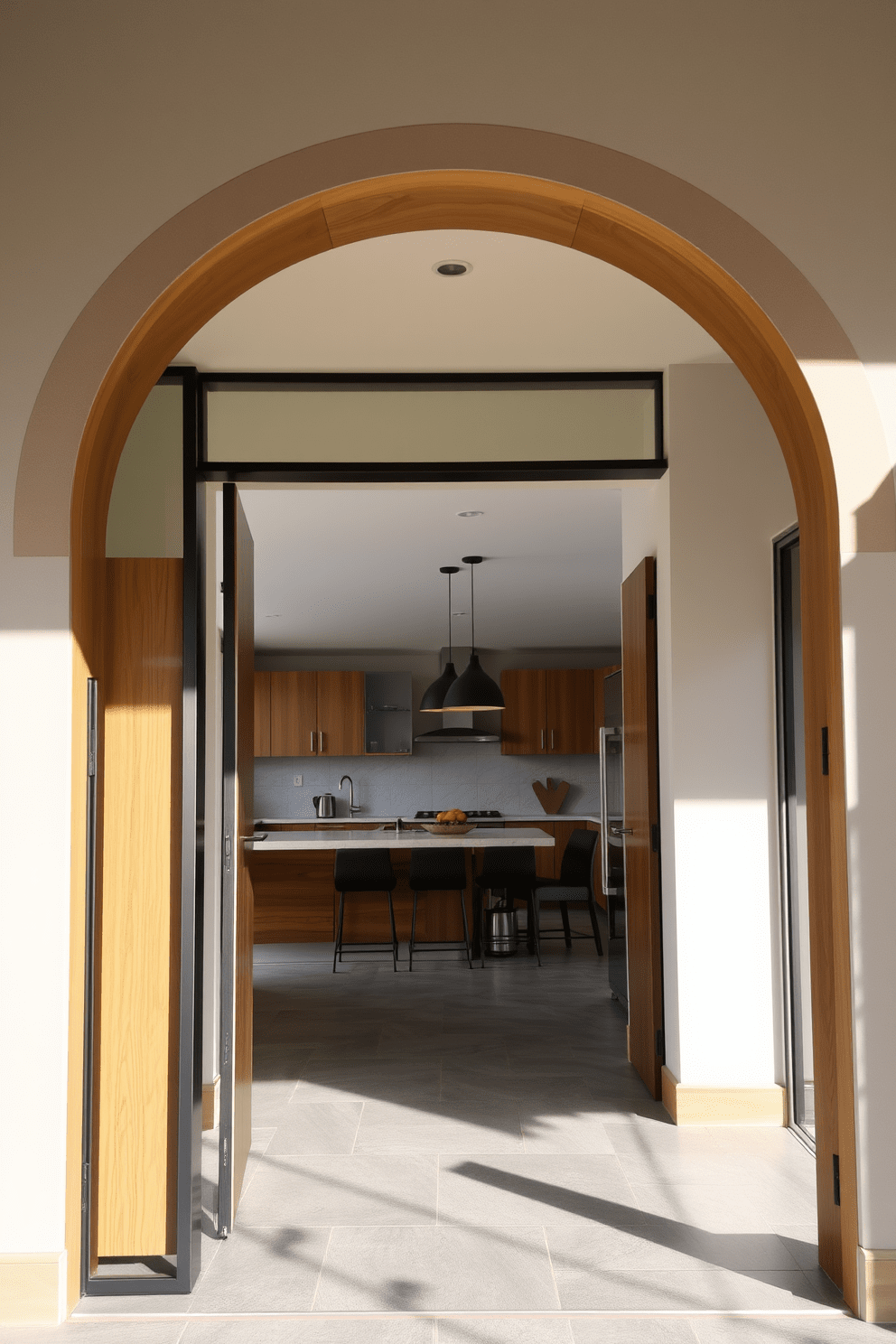 A stylish archway features a blend of contrasting materials, showcasing a sleek metal frame paired with warm wooden accents. The arch leads into a modern kitchen, where the design emphasizes open space and natural light, creating an inviting atmosphere.