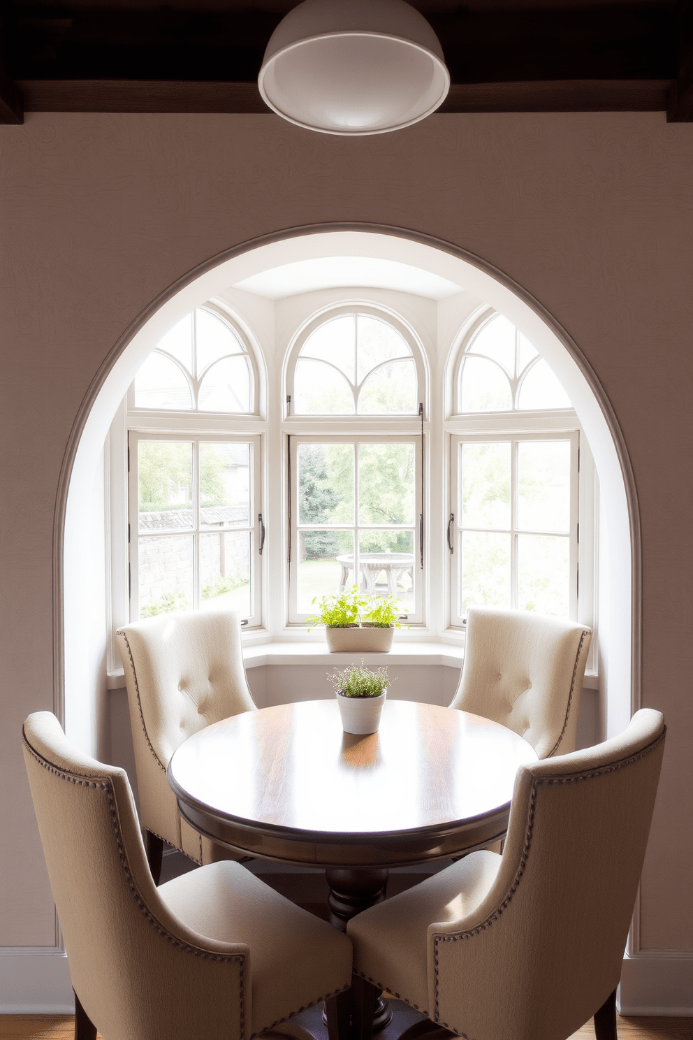 A charming arched breakfast nook features a round wooden table surrounded by plush upholstered chairs. Natural light pours in through the arched windows, illuminating the soft pastel colors of the decor. The walls are adorned with subtle floral wallpaper, complementing the rustic wooden beams overhead. A small potted herb garden sits on the windowsill, adding a touch of greenery to the inviting space.