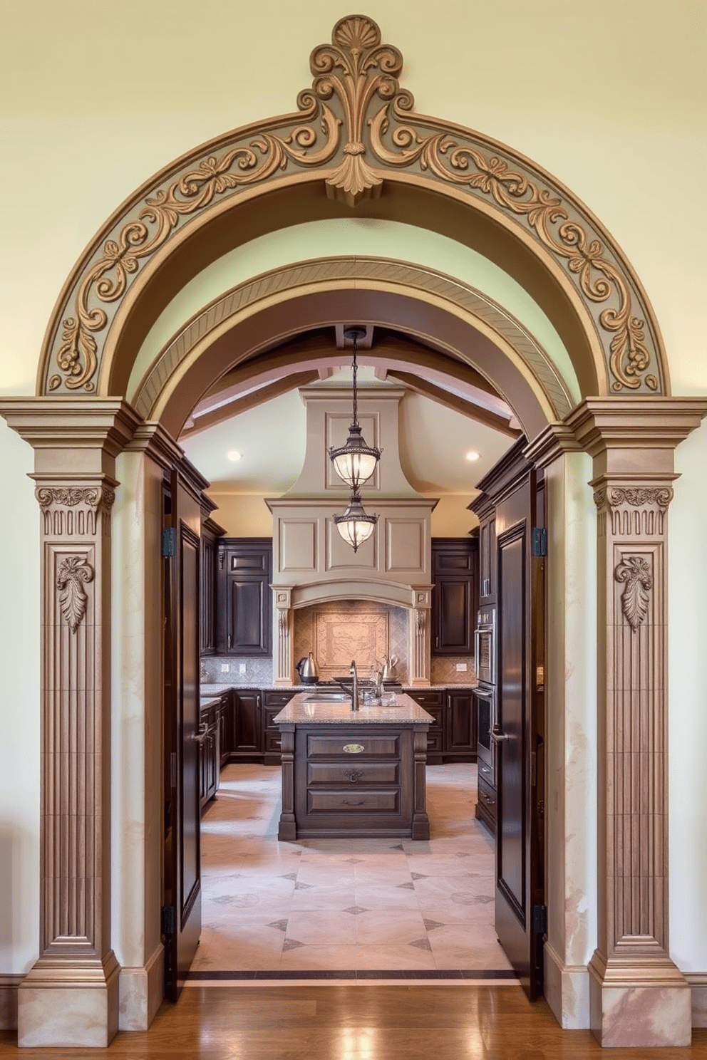 A stunning kitchen features an arched doorway adorned with intricate carvings that add a touch of elegance. The archway leads into a spacious cooking area with high ceilings and modern appliances, creating a perfect blend of classic and contemporary design.