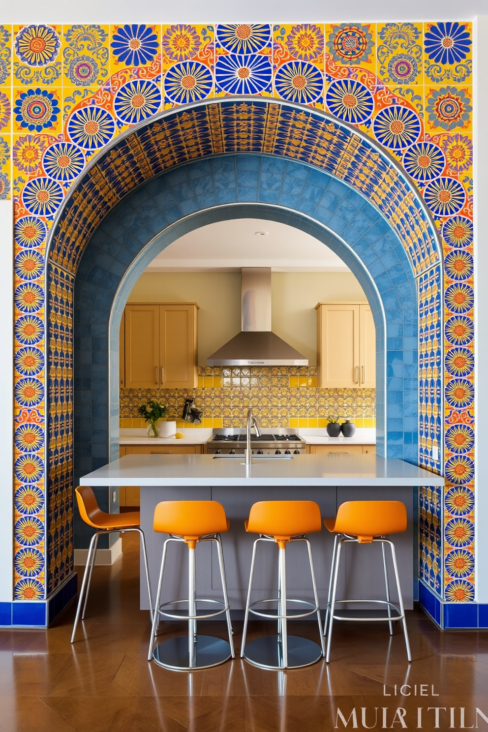 A colorful tiled arch creates a vibrant focal point in the kitchen. The arch is adorned with intricate patterns in shades of blue, yellow, and orange, adding a lively character to the space. Beneath the arch, a spacious kitchen island features a sleek countertop that complements the vibrant tiles. Surrounding the island, modern bar stools in a contrasting color provide a stylish seating area for casual dining.