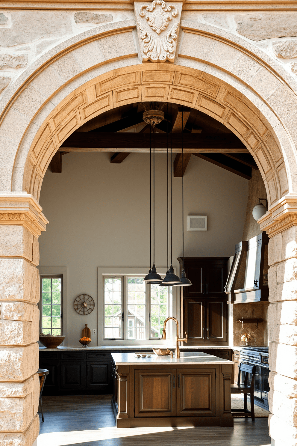 Classic stone arch for timeless appeal. The arch is framed with intricate carvings, showcasing a blend of elegance and durability. Natural light filters through the arch, illuminating a spacious kitchen area. The design incorporates rustic wooden beams and modern fixtures, creating a harmonious balance between traditional and contemporary styles.