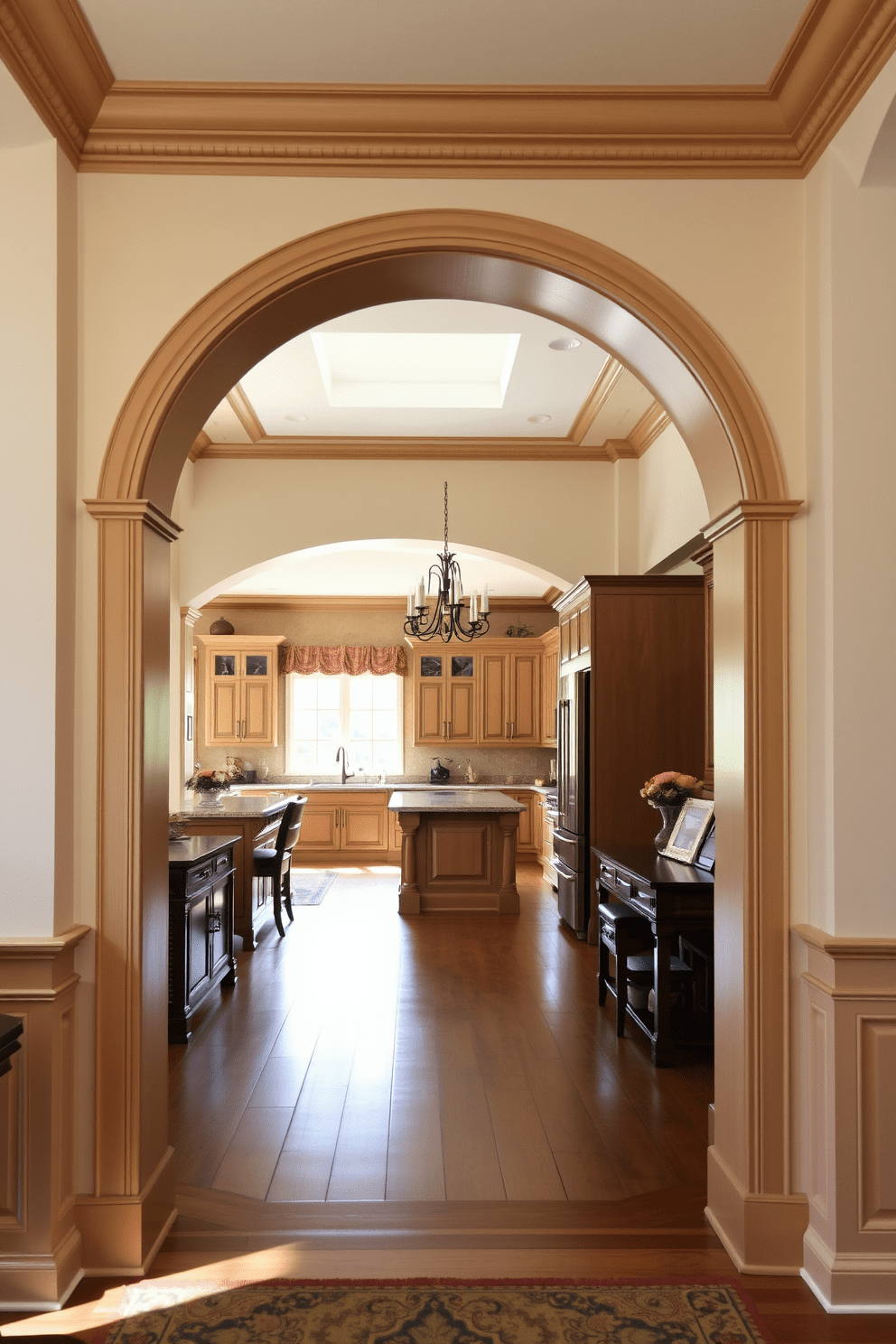 A soft archway with decorative molding accents creates an inviting entrance into the kitchen. The archway features intricate detailing that complements the overall design theme of the space. The kitchen beyond showcases elegant cabinetry and a spacious layout. Natural light filters through large windows, enhancing the warm colors and textures throughout the room.