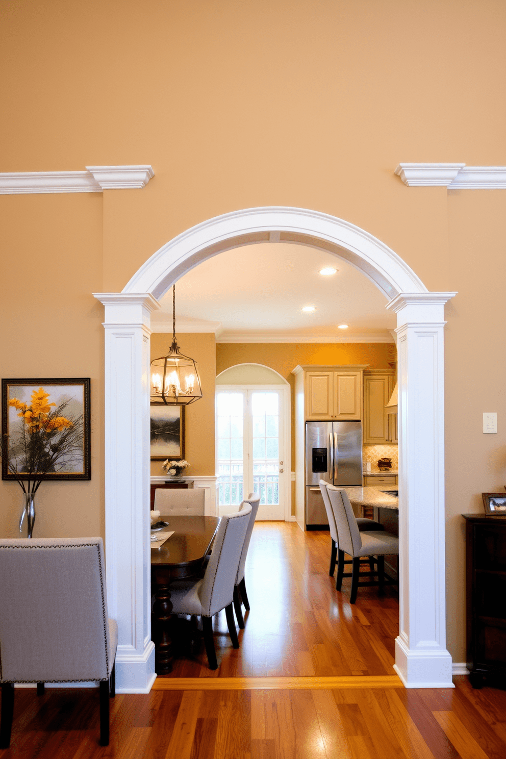 A stunning arched pass-through connects the dining area to the kitchen, creating an open and inviting atmosphere. The arch features elegant molding and is painted in a soft white, complementing the warm tones of the surrounding walls. The dining area showcases a beautiful wooden table surrounded by upholstered chairs, while the kitchen boasts modern cabinetry and sleek appliances. Pendant lights hang gracefully above the pass-through, adding a touch of sophistication to the space.