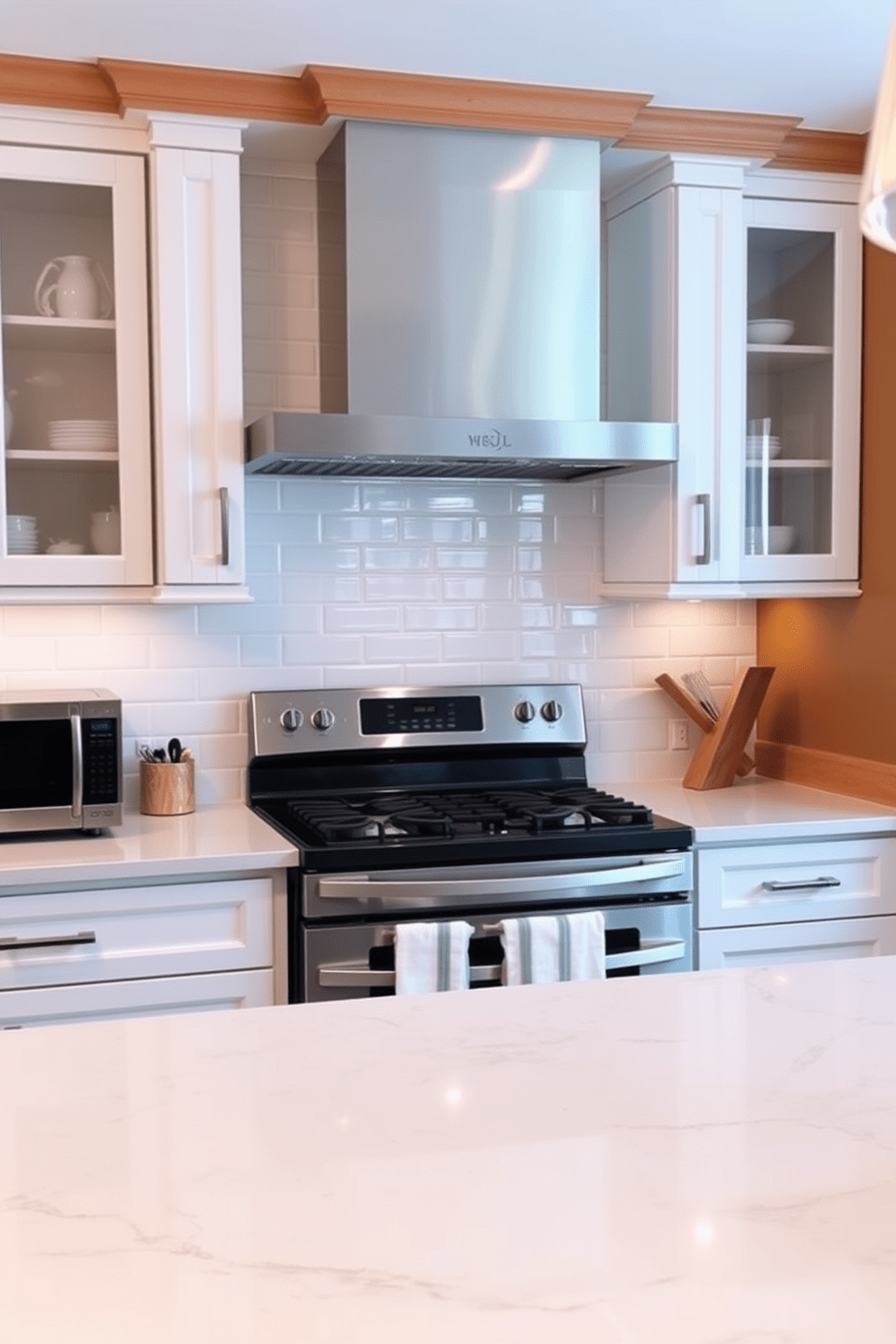 A modern kitchen featuring a glossy white subway tile backsplash that reflects light beautifully. The tiles are arranged in a classic brick pattern, creating a clean and timeless look that complements the surrounding cabinetry. Above the countertop, the backsplash extends from the countertop to the bottom of the upper cabinets. The kitchen is accented with stainless steel appliances and warm wooden accents, enhancing the inviting atmosphere.