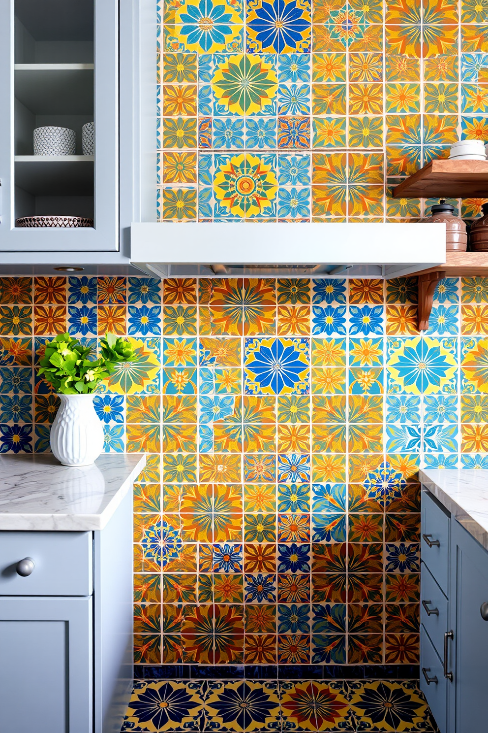 A vibrant kitchen backsplash featuring colorful encaustic tiles that create a bohemian atmosphere. The tiles are arranged in intricate patterns, blending shades of blue, orange, and yellow to add warmth and character to the space.