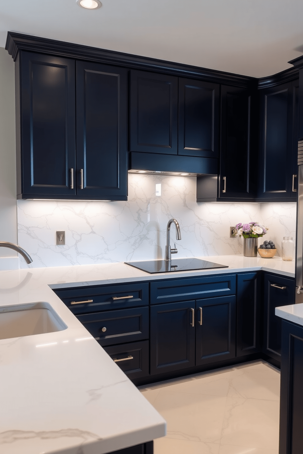 A stunning kitchen featuring a marble backsplash that adds sophisticated charm to the space. The cabinetry is a deep navy blue, contrasting beautifully with the light gray veining of the marble. The countertops are a sleek white quartz, providing a clean and modern look. Under-cabinet lighting illuminates the backsplash, enhancing its elegance and creating a warm ambiance.