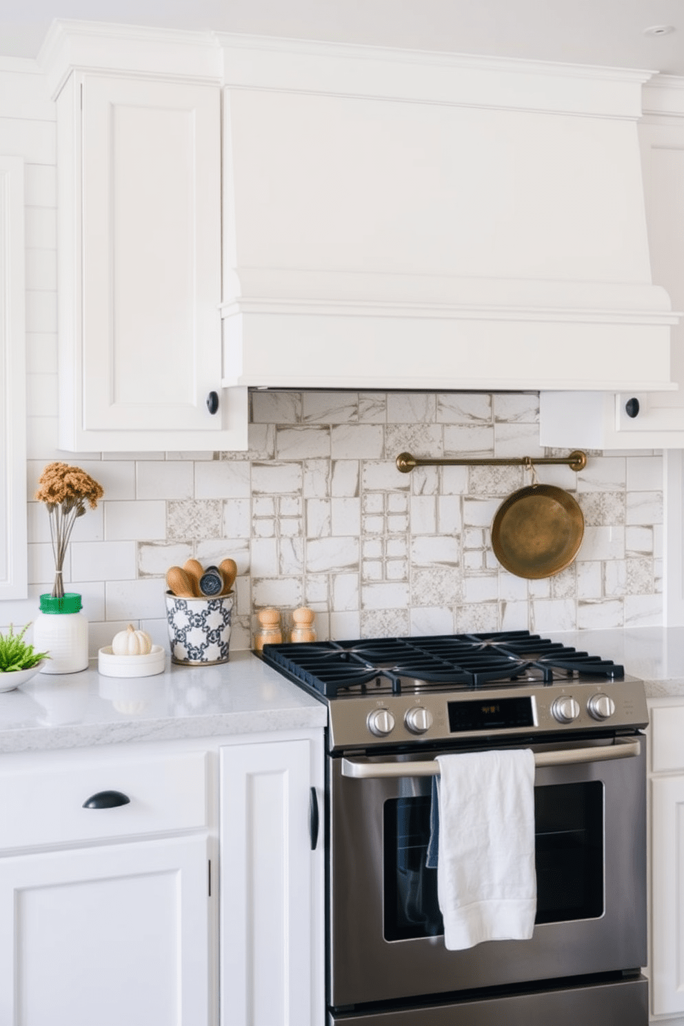 A cozy farmhouse kitchen features shiplap walls painted in soft white for a warm and inviting atmosphere. The backsplash showcases a mix of rustic subway tiles and patterned ceramic accents that add character and charm to the space.