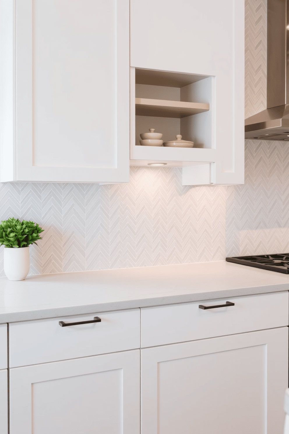 A stylish kitchen backsplash featuring beveled edge tiles that add subtle dimension to the space. The tiles are arranged in a herringbone pattern, creating a dynamic visual interest while complementing the sleek cabinetry.