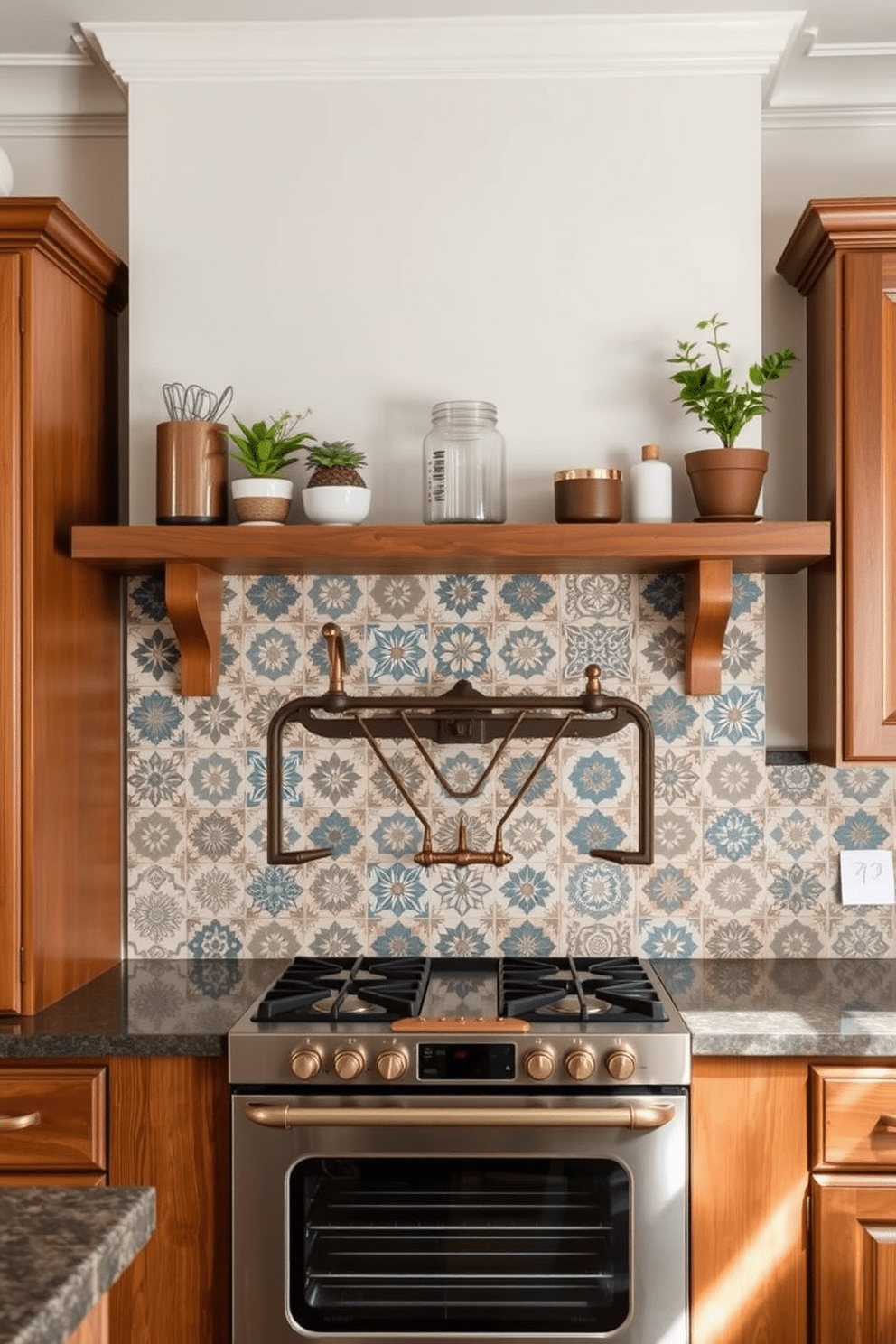 A vintage-inspired kitchen features a stunning backsplash made of intricate cement tiles in various geometric patterns. The tiles are arranged in a way that creates a beautiful focal point behind the stove, complementing the warm wooden cabinetry and brass fixtures. The color palette includes rich earth tones and soft pastels that enhance the vintage aesthetic. A rustic wooden shelf above the backsplash displays decorative jars and plants, adding charm and personality to the space.