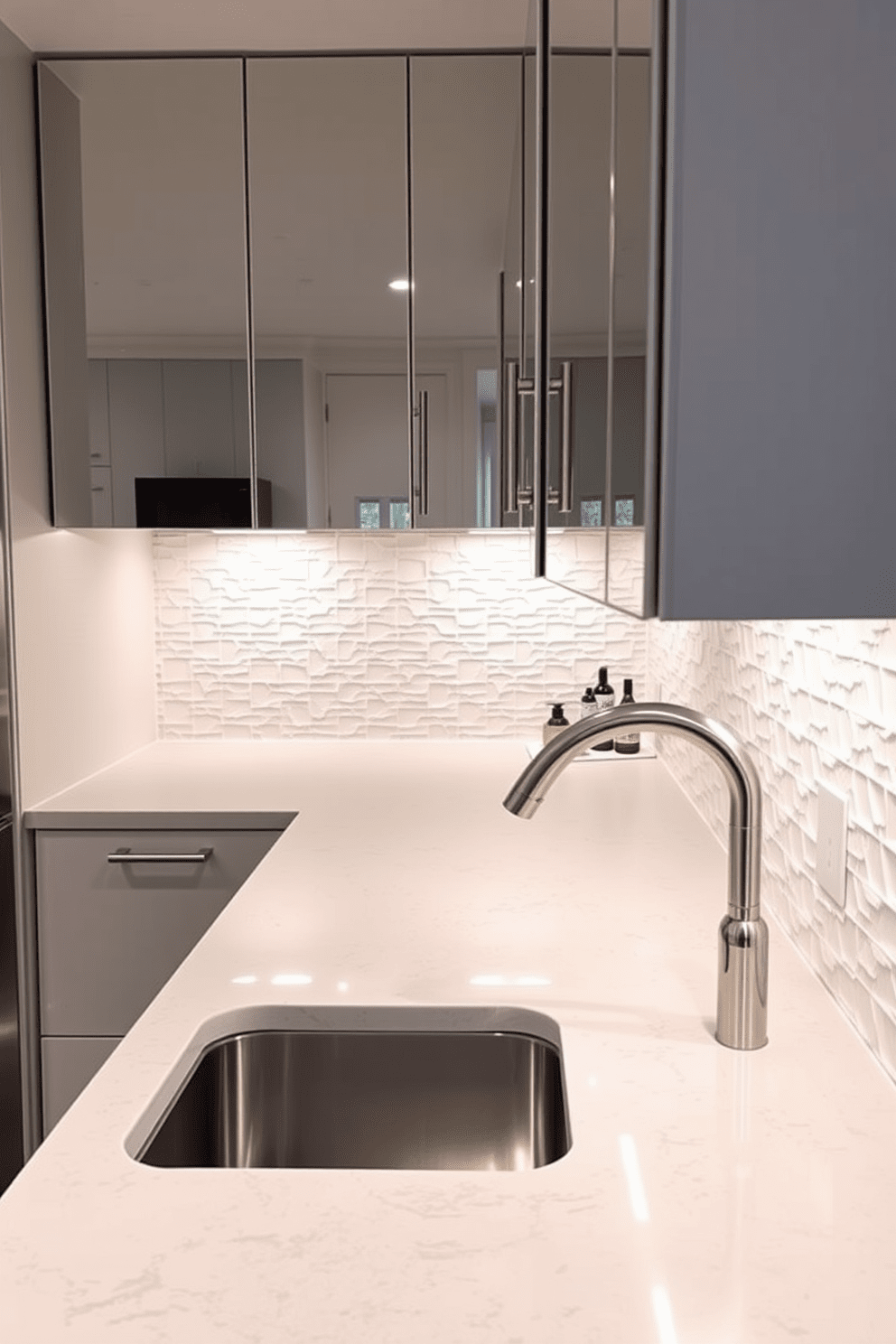 A modern kitchen featuring mirror tiles on the walls to create an illusion of space. The backsplash is designed with a combination of textured white tiles and sleek metallic accents, enhancing the overall brightness of the room. The countertops are made of polished quartz in a soft gray tone, providing a clean and elegant surface. Under-cabinet lighting highlights the backsplash, adding warmth and depth to the kitchen ambiance.