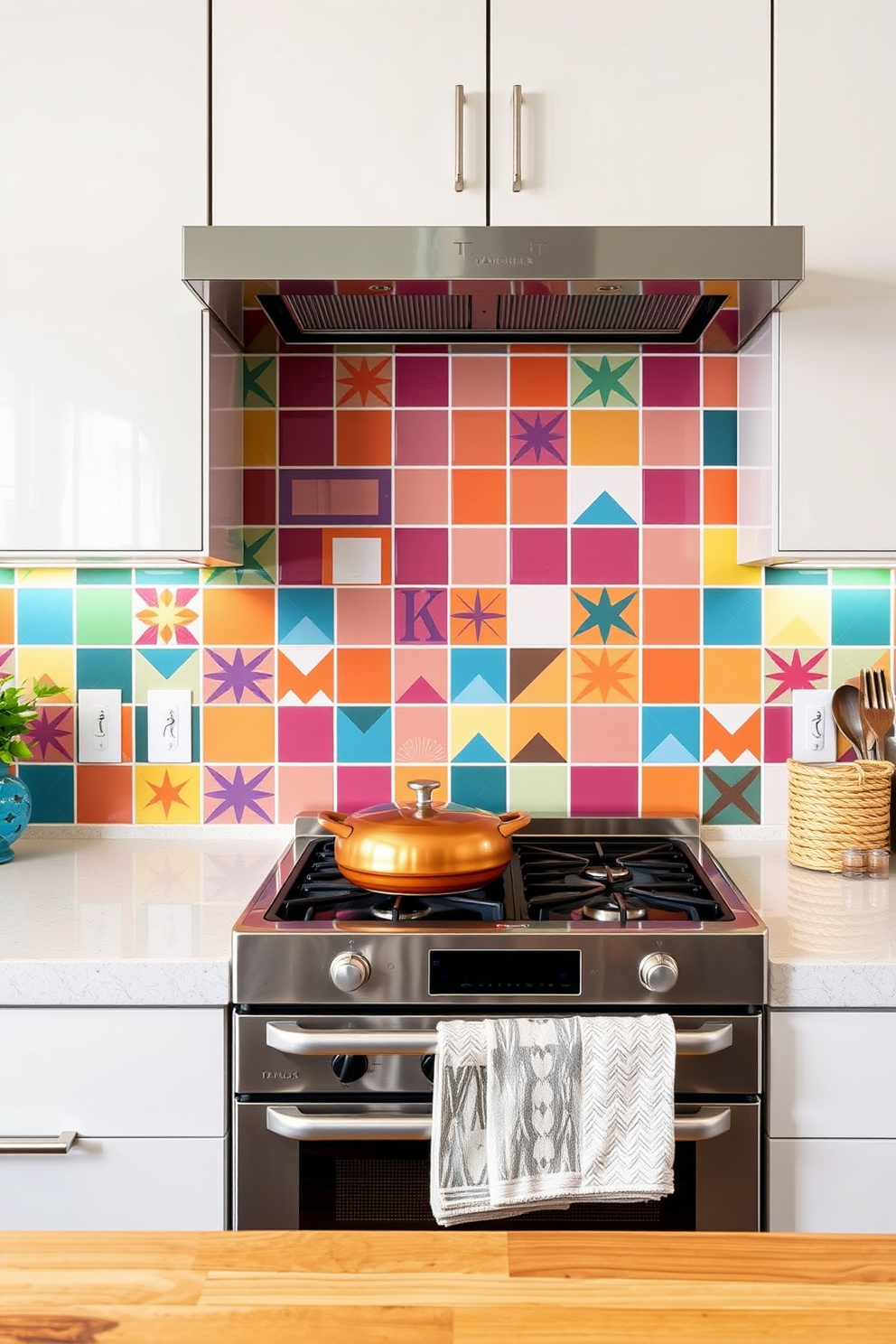 Brightly painted tiles create a vibrant and playful atmosphere in the kitchen. The backsplash features a mix of bold colors and geometric patterns, adding a fun and artistic touch to the cooking space. These eye-catching tiles complement sleek cabinetry and modern appliances. The design invites creativity and joy into everyday cooking experiences.