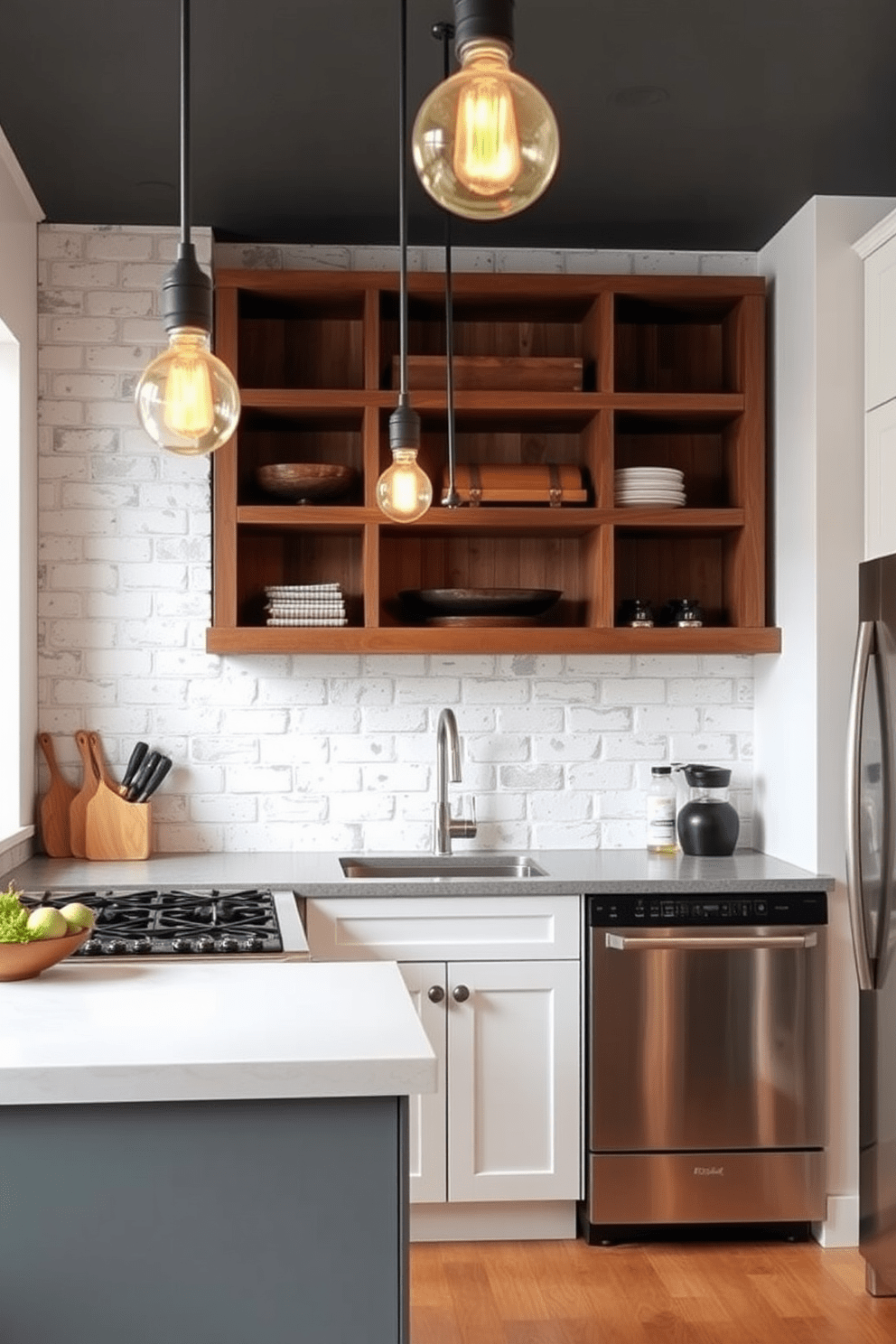 A sleek kitchen featuring a whitewashed brick backsplash that adds an industrial charm. The space is complemented by stainless steel appliances and open shelving showcasing rustic wooden accents. The whitewashed brick creates a warm yet contemporary atmosphere while providing a textured backdrop for the cooking area. Pendant lights with an Edison bulb design hang above the kitchen island, enhancing the industrial aesthetic.