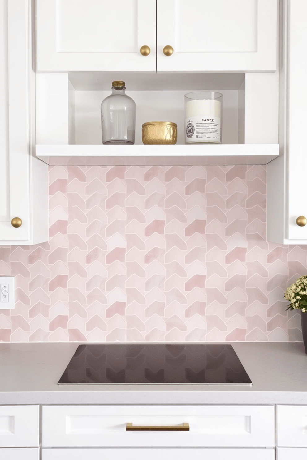 A kitchen backsplash featuring subtle pastel tiles in soft shades of pink, mint, and lavender creates a serene and elegant atmosphere. The tiles are arranged in a herringbone pattern, adding texture and visual interest to the space. Above the backsplash, sleek white cabinetry complements the pastel tones, while brushed gold hardware adds a touch of luxury. A minimalist floating shelf showcases decorative items, enhancing the kitchen's overall charm and functionality.