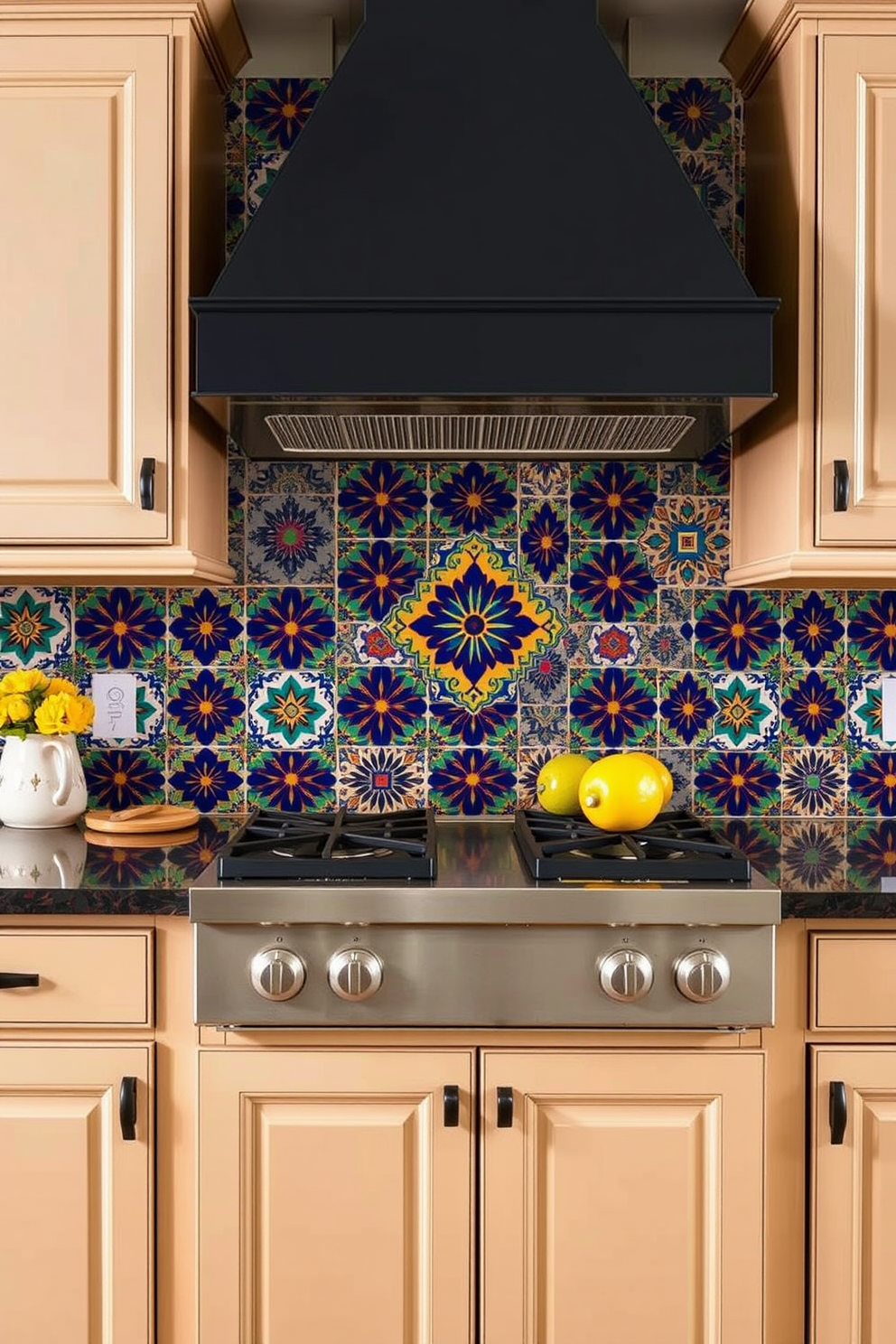 A striking kitchen backsplash features bold patterned ceramic tiles that create a dramatic focal point. The vibrant colors and intricate designs add personality and flair to the cooking space, enhancing the overall aesthetic of the kitchen. The tiles are arranged in a captivating geometric pattern that draws the eye and complements the cabinetry. This design choice not only elevates the visual appeal but also serves as a conversation starter in the heart of the home.