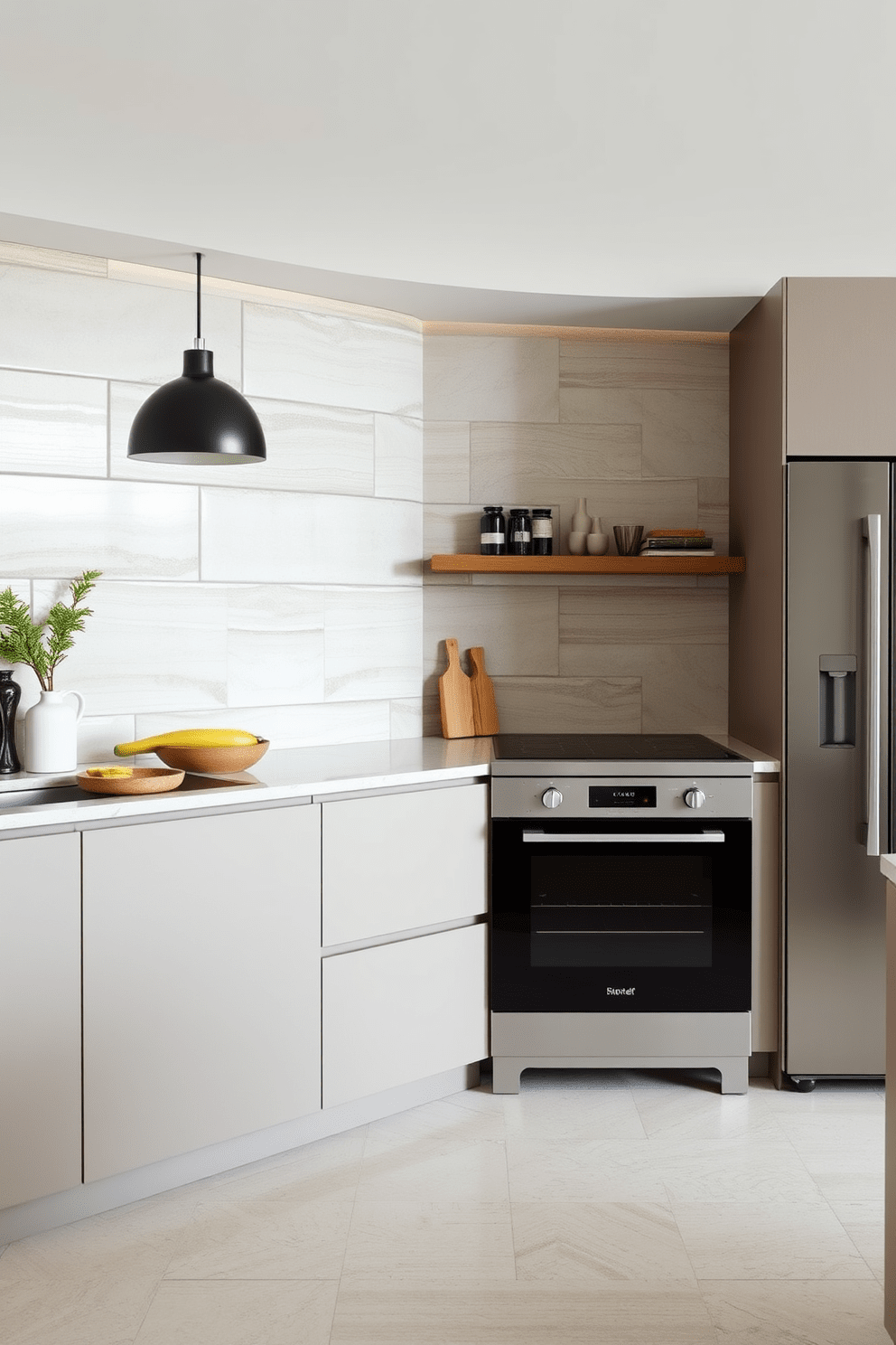 A sleek kitchen featuring large format tiles that create minimal seams for a seamless and modern look. The backsplash showcases a stunning combination of textured and glossy tiles, enhancing the overall aesthetic of the space. Incorporate natural stone elements that complement the large format tiles, adding warmth and sophistication to the kitchen. The color palette should include soft neutrals and subtle contrasts to create an inviting atmosphere.