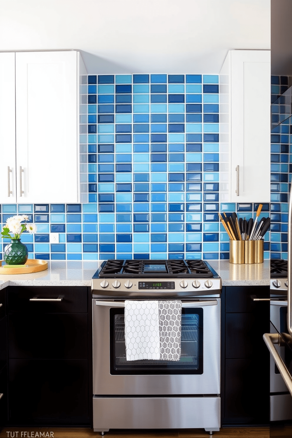 A striking kitchen backsplash featuring bold color block tiles creates a modern contrast in the space. The vibrant tiles are arranged in a geometric pattern, enhancing the overall aesthetic while complementing sleek cabinetry and stainless steel appliances.