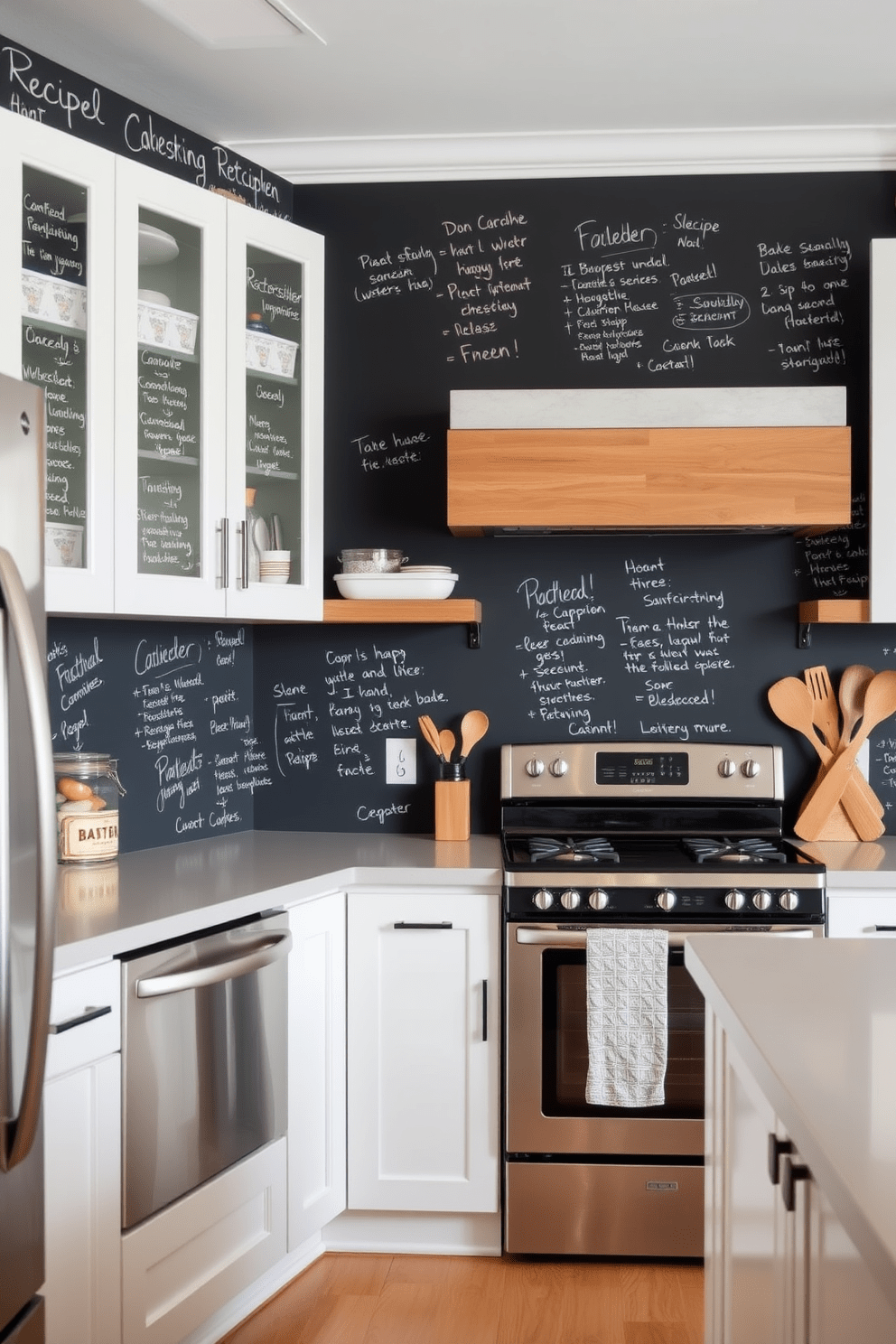 A modern kitchen featuring a chalkboard paint backsplash that adds a functional twist to the space. The backsplash is adorned with handwritten recipes and notes, creating a personalized and interactive element. The cabinetry is sleek and white, contrasting beautifully with the dark chalkboard surface. Stainless steel appliances and warm wood accents complete the inviting and contemporary look of the kitchen.