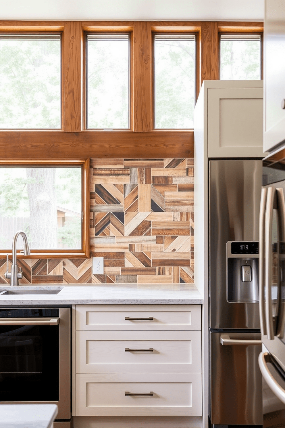 A kitchen featuring reclaimed wood accents that exude eco-friendly charm. The backsplash showcases a mosaic of reclaimed wood tiles arranged in a herringbone pattern, creating a warm and inviting atmosphere. Natural light floods the space through large windows, highlighting the rich textures of the wood. Sleek stainless steel appliances provide a modern contrast to the rustic elements, enhancing the overall aesthetic.