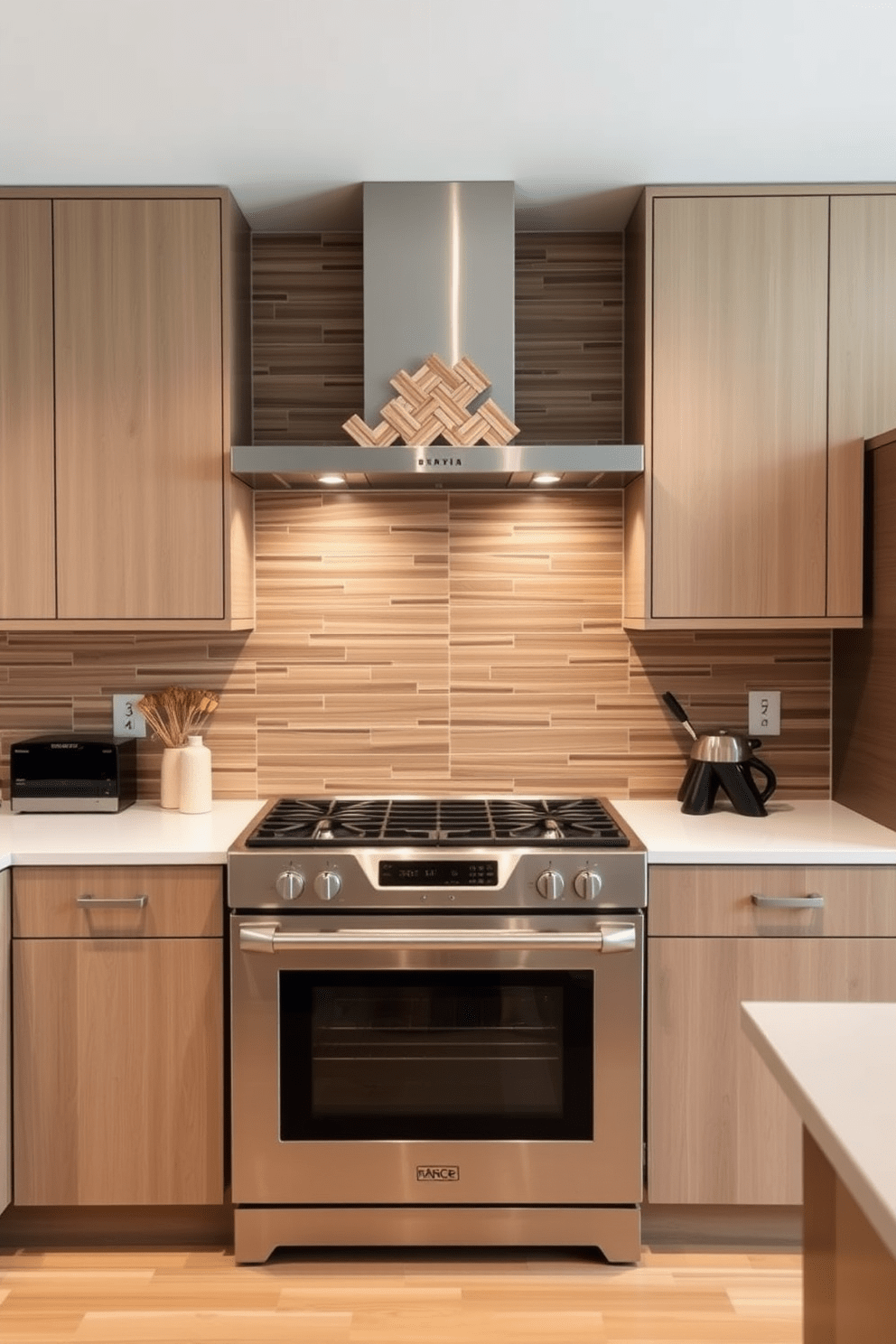 A modern kitchen featuring bamboo tiles as a sustainable backsplash option. The tiles have a natural finish, creating a warm and inviting atmosphere while complementing the sleek cabinetry. Above the stove, a unique pattern of bamboo tiles adds visual interest and texture. The overall design is enhanced by stainless steel appliances and soft, ambient lighting that highlights the eco-friendly materials.