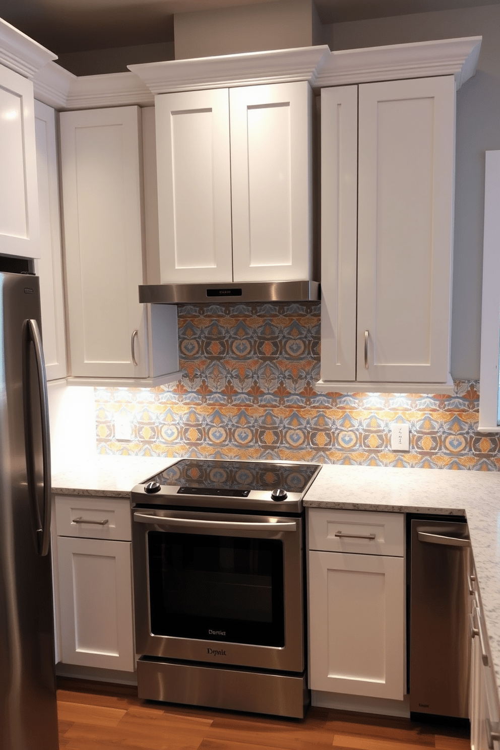 A stylish kitchen featuring a patterned vinyl backsplash that adds a pop of color and personality. The backsplash showcases a geometric design in vibrant hues, complementing the sleek white cabinetry and stainless steel appliances. The countertop is a durable quartz material, providing both functionality and elegance. Under-cabinet lighting highlights the unique patterns of the vinyl, creating a warm and inviting atmosphere in the kitchen.