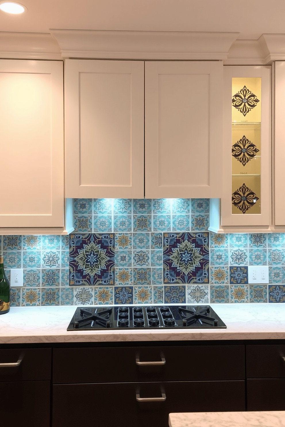 A contemporary kitchen featuring a stunning backsplash made of ceramic tiles with intricate designs. The tiles showcase a blend of vibrant colors and geometric patterns, creating a focal point that enhances the overall aesthetic of the space. The cabinetry is sleek and modern, complementing the artistic backsplash beautifully. Under-cabinet lighting illuminates the tiles, highlighting their detailed craftsmanship and adding warmth to the kitchen ambiance.