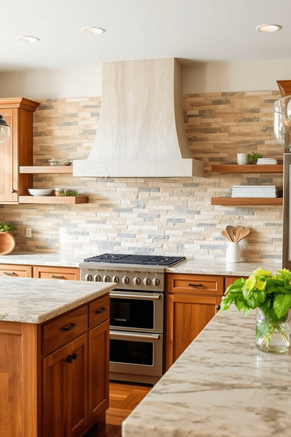 A textured stone backsplash creates a natural feel in the kitchen, adding warmth and character to the space. The stone's varied colors and patterns can complement both modern and rustic kitchen designs, enhancing the overall aesthetic. Incorporate large format stone tiles for a seamless look or mix smaller stones for a more intricate design. Pair the backsplash with wooden cabinets and natural light to create an inviting atmosphere in the heart of your home.