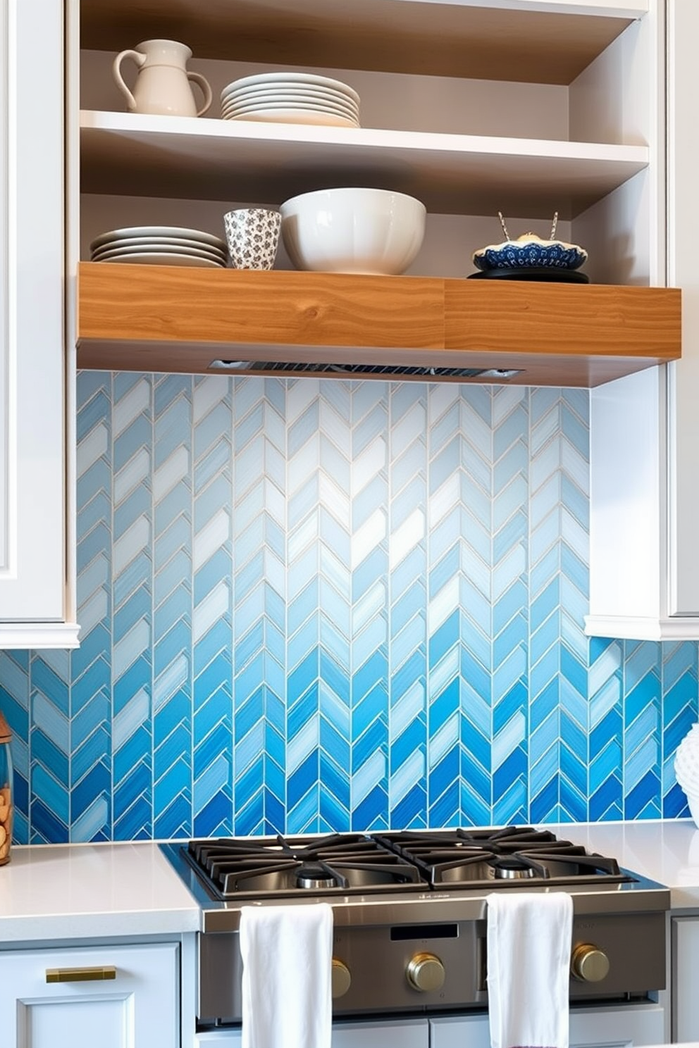 A stunning kitchen backsplash featuring color gradient tiles that transition smoothly from deep blue at the bottom to soft white at the top. The tiles are arranged in a herringbone pattern, creating a dynamic visual effect that draws the eye upward. The surrounding cabinetry is a crisp white, complementing the vibrant tiles while adding a modern touch. Above the backsplash, open shelving displays stylish dishware and decorative items, enhancing the overall aesthetic of the kitchen space.