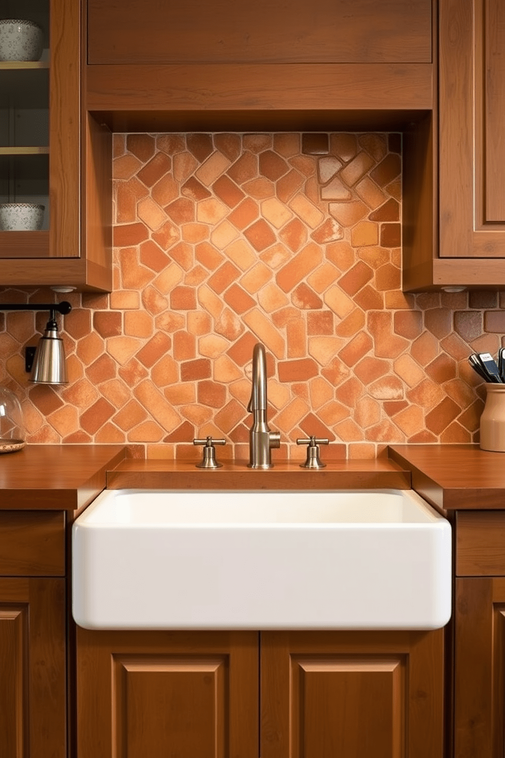 A rustic kitchen backsplash featuring terracotta tiles that exude earthy warmth. The tiles are arranged in a herringbone pattern, complementing wooden cabinetry and a farmhouse sink.