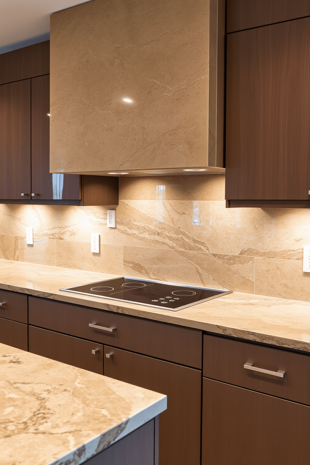 A stunning kitchen backsplash featuring large natural stone slabs that create a seamless and luxurious look. The rich textures and earthy tones of the stone complement the modern cabinetry and enhance the overall elegance of the space. The backsplash extends from the countertop to the upper cabinets, providing a cohesive design element. Soft under-cabinet lighting highlights the natural veining in the stone, adding warmth and sophistication to the kitchen atmosphere.