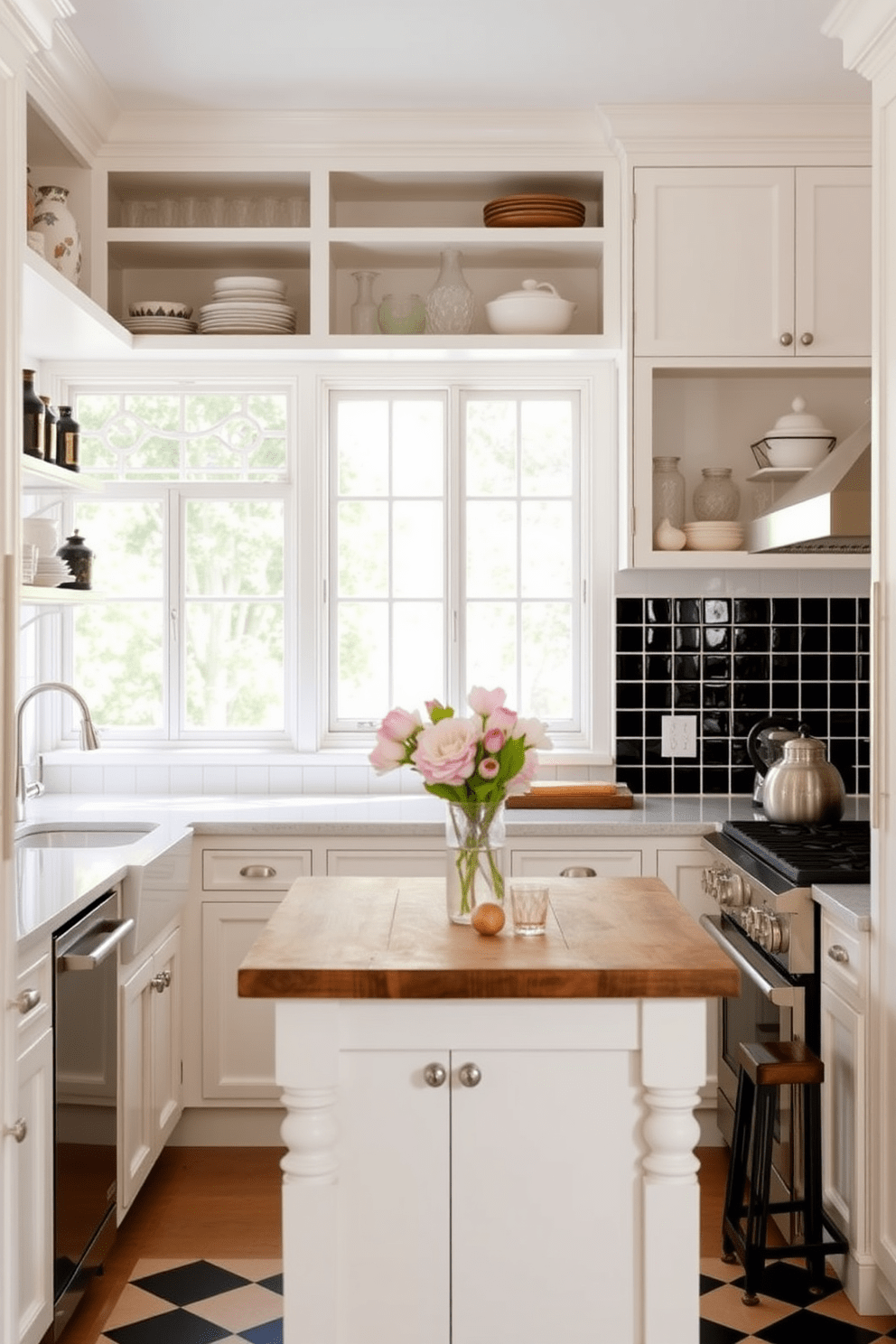 A classic kitchen featuring a black and white checkerboard backsplash that adds a timeless elegance. The glossy tiles create a striking contrast against the soft white cabinetry and complement the polished chrome fixtures. Above the countertop, open shelving displays artisanal dishes and decorative glassware, enhancing the kitchen's charm. A rustic wooden table in the center invites gatherings, while natural light floods the space through large windows.