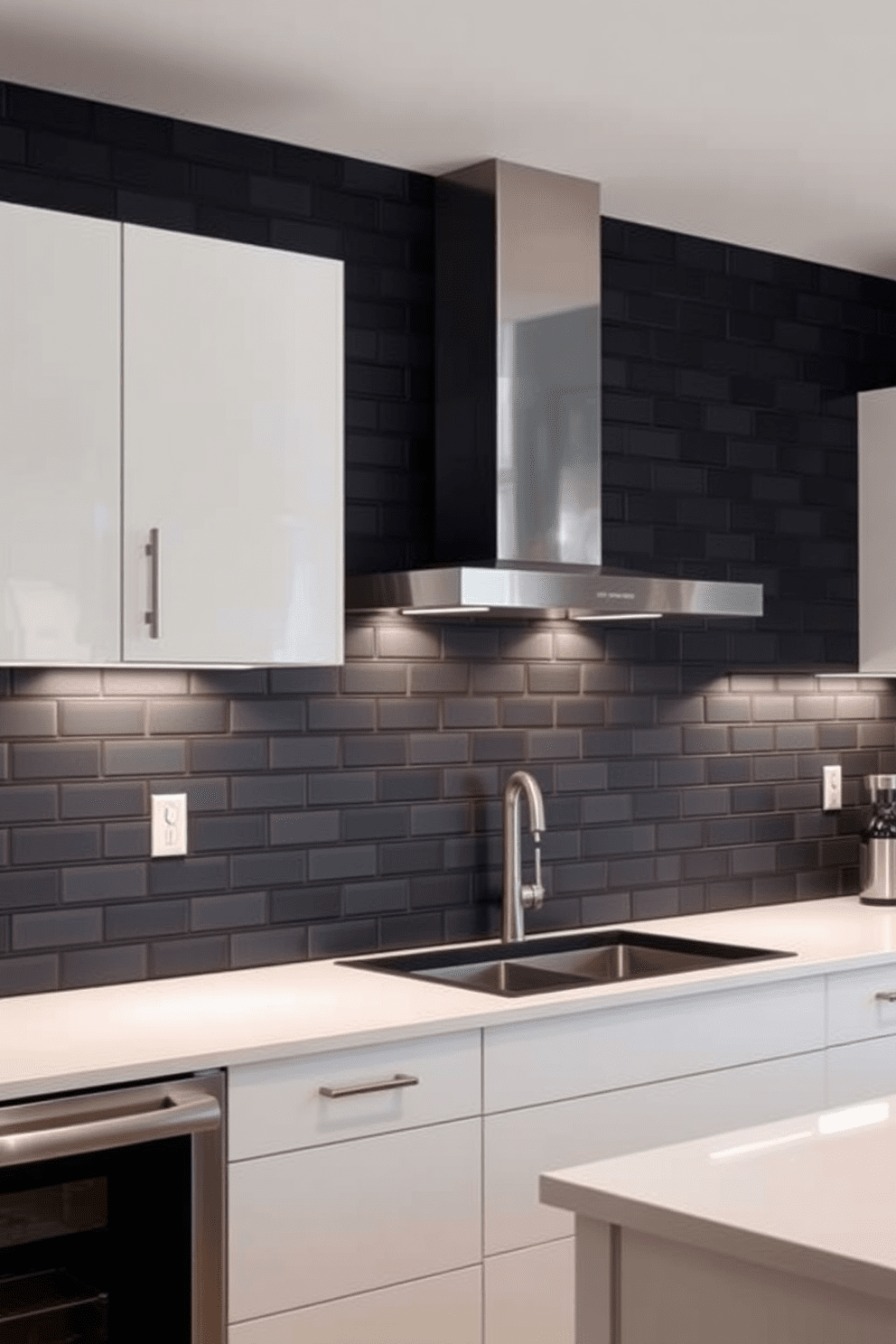 A sleek kitchen featuring matte black tiles as a modern backsplash. The tiles create a striking contrast against white cabinetry and complement stainless steel appliances. Above the countertop, a stylish range hood is installed, enhancing the contemporary aesthetic. Soft under-cabinet lighting illuminates the workspace, highlighting the texture of the matte tiles.