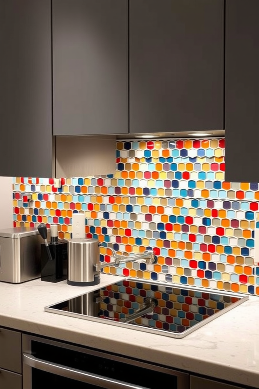 A modern kitchen featuring a stunning backsplash made of geometric mosaic tiles in vibrant colors. The tiles create an artistic flair that complements sleek cabinetry and stainless steel appliances. The backsplash extends from the countertop to the upper cabinets, adding depth and character to the space. Soft under-cabinet lighting highlights the intricate patterns, creating a warm and inviting atmosphere.