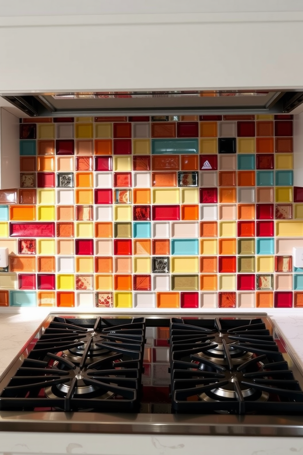 A stunning kitchen backsplash featuring glass tiles in vibrant colors that reflect light and add a sense of brightness to the space. The tiles are arranged in a playful pattern, creating a lively focal point above the stove and extending to the countertop.