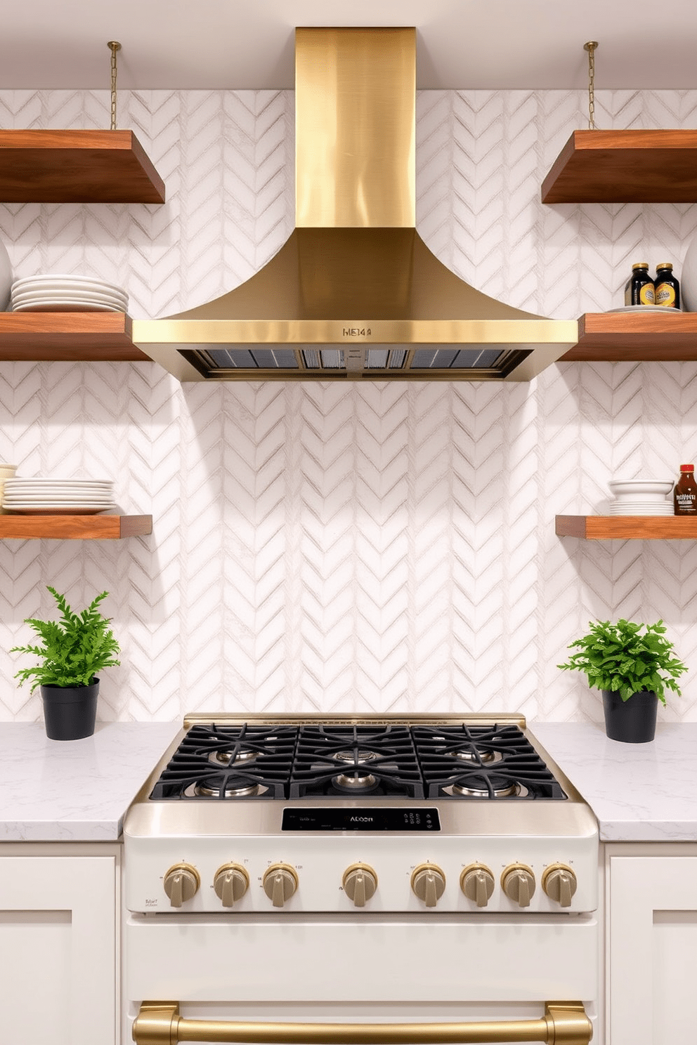 A classic herringbone pattern adorns the kitchen backsplash, creating a timeless and elegant focal point. The tiles are a soft white with subtle gray veining, enhancing the overall sophistication of the space. Above the stove, a decorative range hood complements the herringbone design, crafted from brushed brass for a touch of warmth. Flanking the backsplash are open wooden shelves, showcasing curated dishware and potted herbs for a functional yet stylish display.