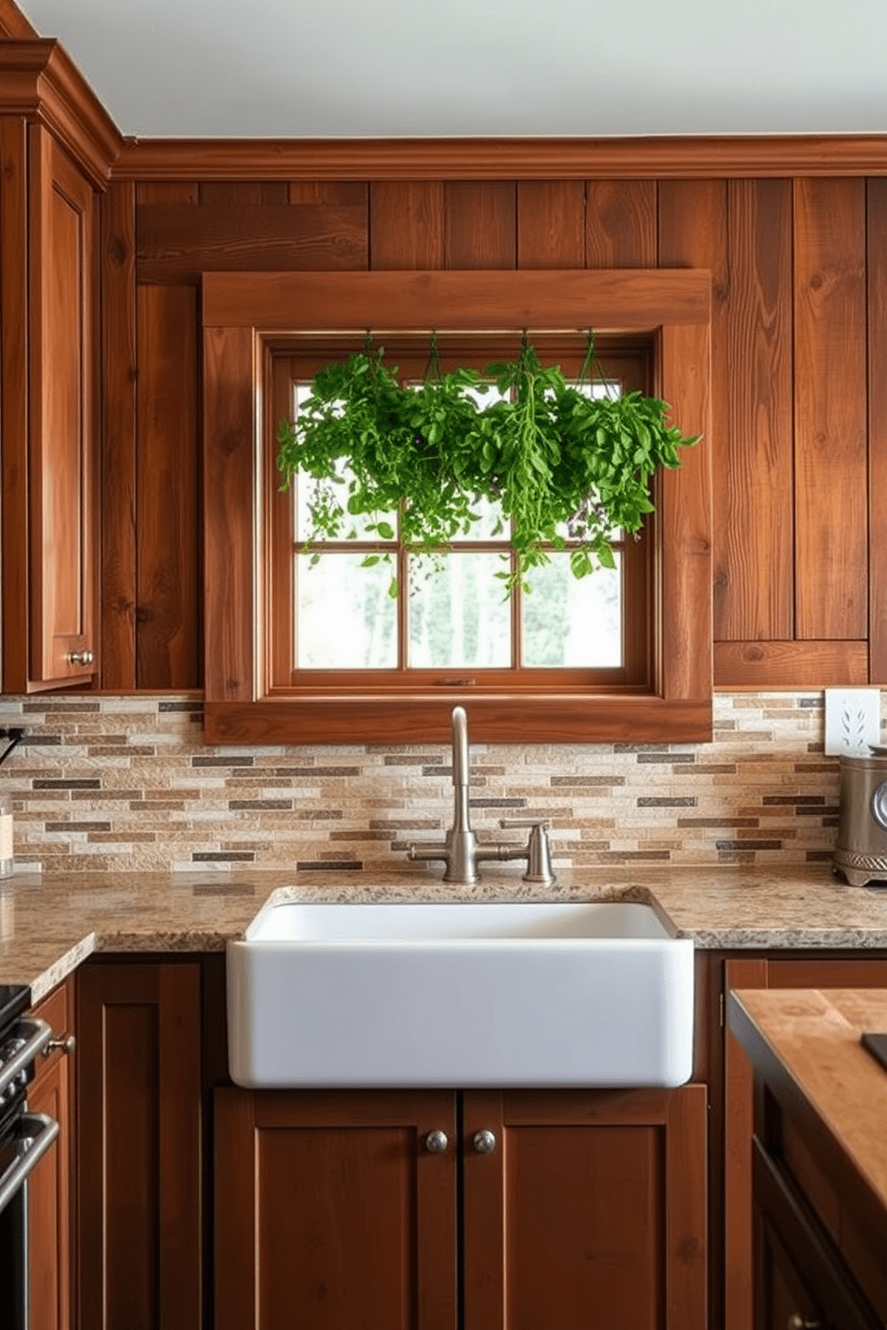 A cozy kitchen featuring rich wood paneling that adds warmth and character to the space. The backsplash is designed with a mix of natural stone and ceramic tiles, creating a textured contrast against the wood. The cabinetry is a deep, earthy tone, complementing the rustic feel of the wood paneling. A farmhouse sink sits beneath a window, framed by hanging herbs and plants for a touch of greenery.