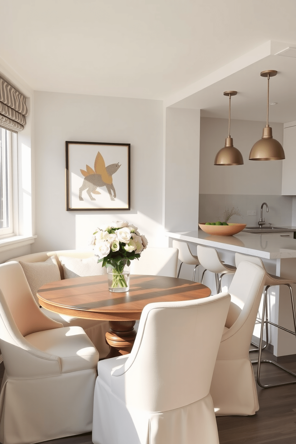 A cozy breakfast nook features a round wooden table surrounded by upholstered chairs in soft pastel colors. Natural light pours in from a nearby window, highlighting the fresh flowers in a vase at the center of the table. The kitchen bar design includes a sleek countertop with stylish bar stools that complement the overall decor. Pendant lights hang above the bar area, creating an inviting atmosphere for morning coffee or casual meals.