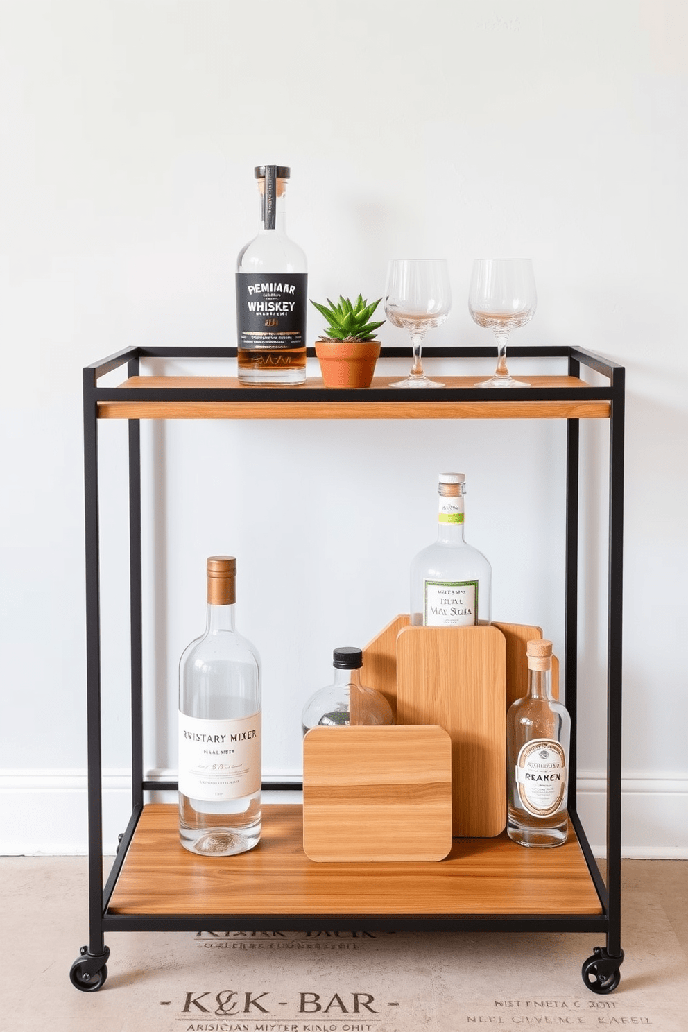 A sleek minimalist bar cart is positioned against a light-colored wall. The cart features a simple metal frame with wooden shelves, adorned with a few elegant glassware pieces and a small potted plant. On the top shelf, a stylish cocktail shaker and a bottle of premium whiskey are displayed alongside a set of crystal tumblers. The bottom shelf holds a selection of artisanal mixers and a decorative cutting board, creating a functional yet chic kitchen bar design.