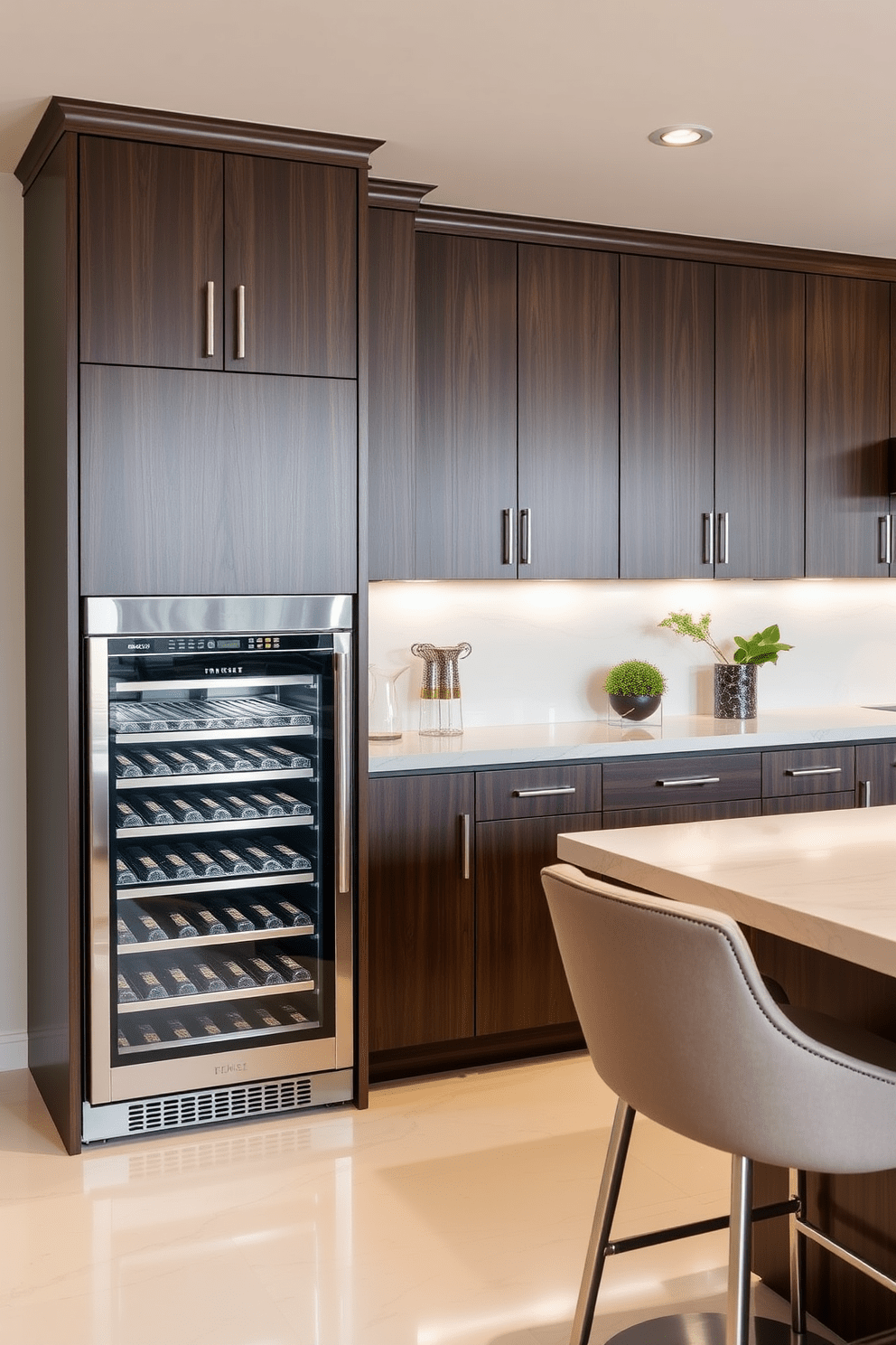 A stylish kitchen bar area featuring a sleek wine fridge seamlessly integrated into the cabinetry. The bar is adorned with elegant bar stools and a polished countertop that complements the overall kitchen design.