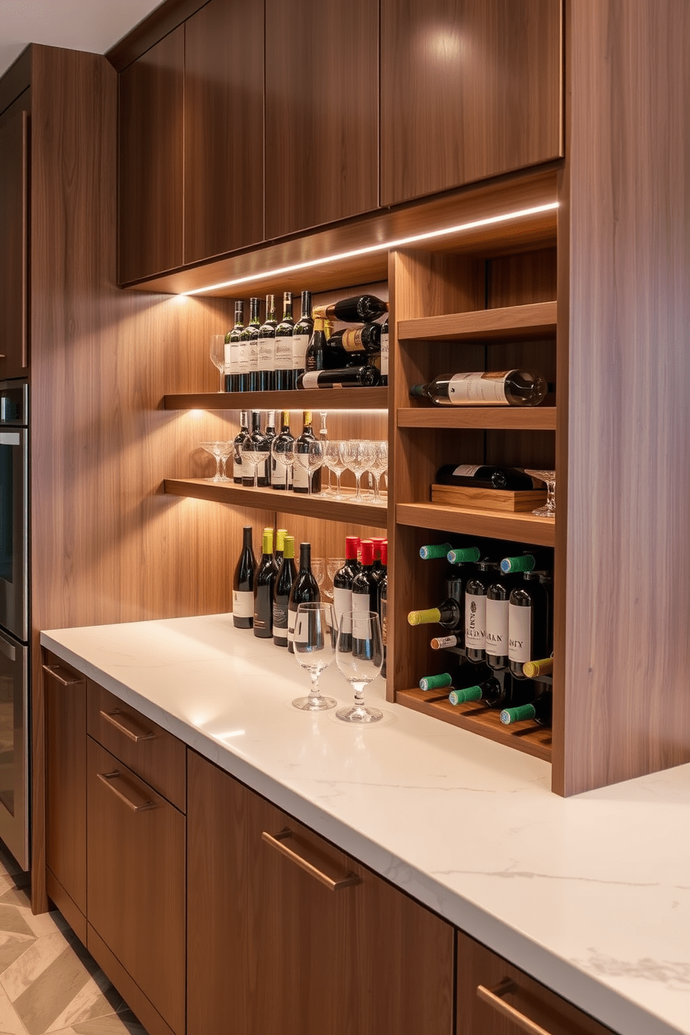 A modern kitchen bar featuring a built-in wine rack seamlessly integrated into the cabinetry. The bar area showcases sleek wooden shelves displaying an array of wine bottles, complemented by stylish glassware and decorative accents.