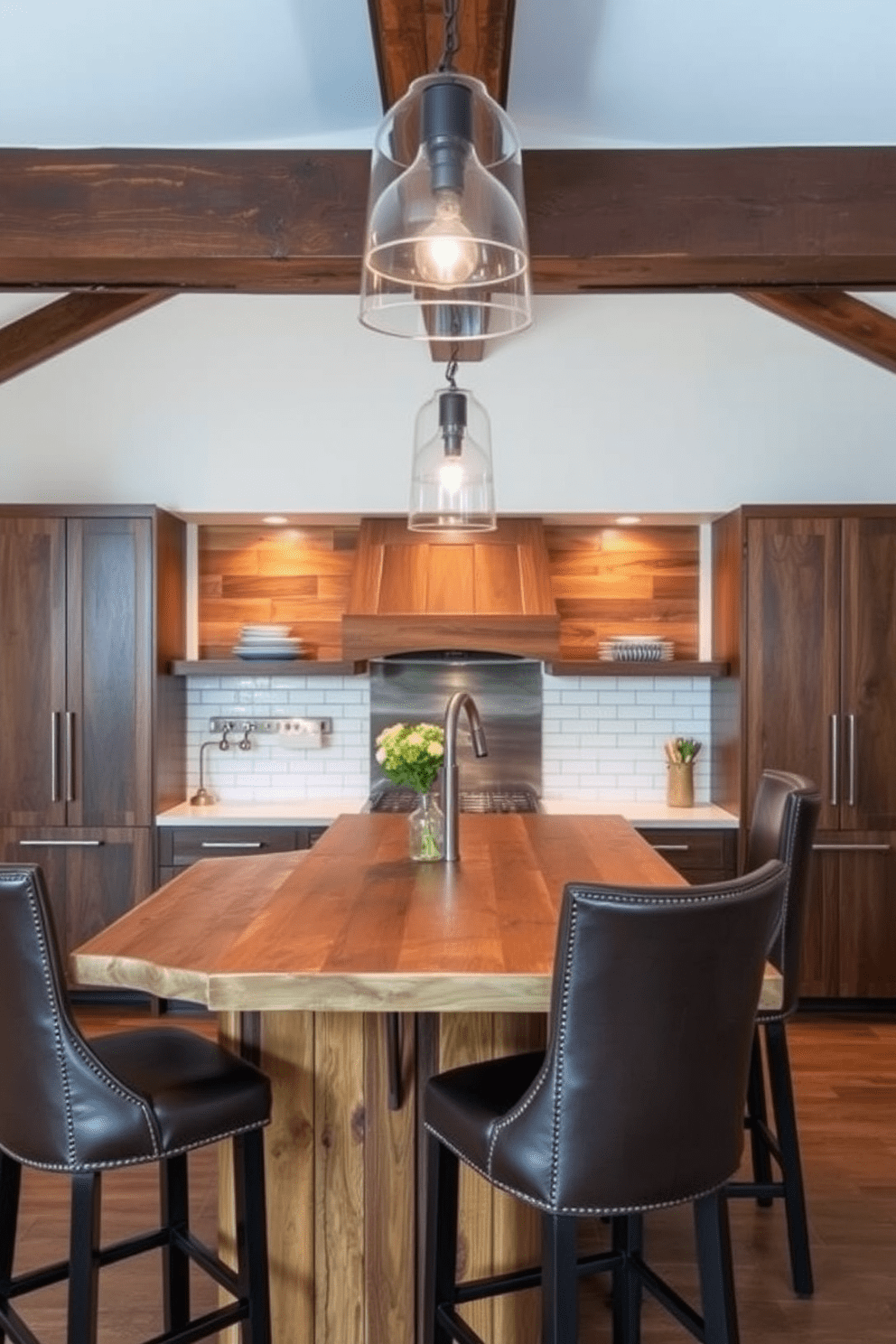 A cozy kitchen bar featuring reclaimed wood accents creates a warm and inviting atmosphere. The bar counter is crafted from weathered reclaimed wood, complemented by high-backed stools upholstered in soft leather. Above the bar, rustic pendant lights hang from exposed beams, casting a soft glow over the space. The backsplash showcases a mix of subway tiles and reclaimed wood panels, adding texture and character to the kitchen.