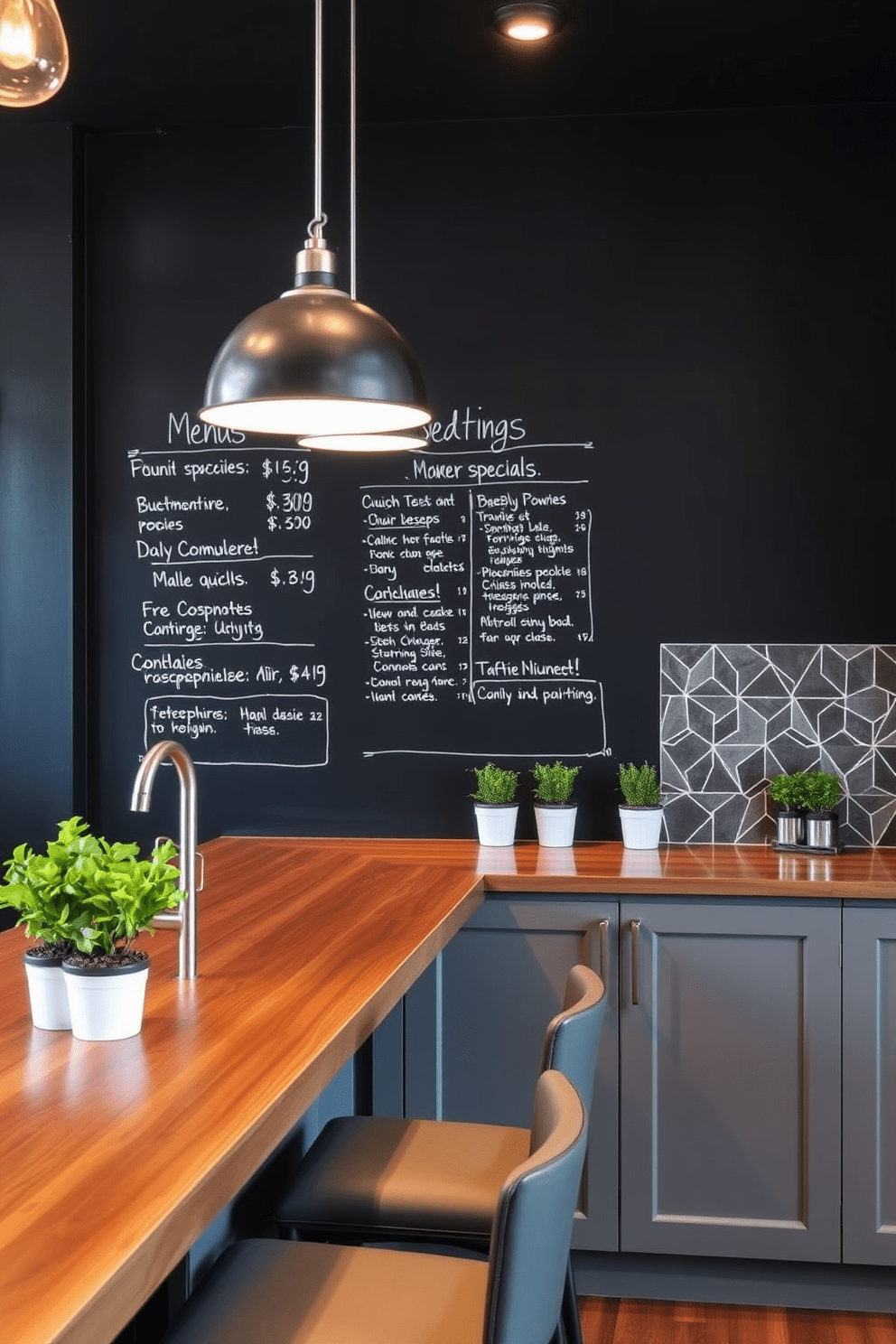 A modern kitchen bar featuring a sleek chalkboard wall for displaying menus and daily specials. The bar area includes high stools with comfortable cushioning and a polished wooden countertop that complements the cabinetry. The space is illuminated by pendant lights that hang above the bar, creating a warm and inviting atmosphere. A stylish backsplash in a geometric pattern adds visual interest, while potted herbs on the countertop enhance the culinary theme.