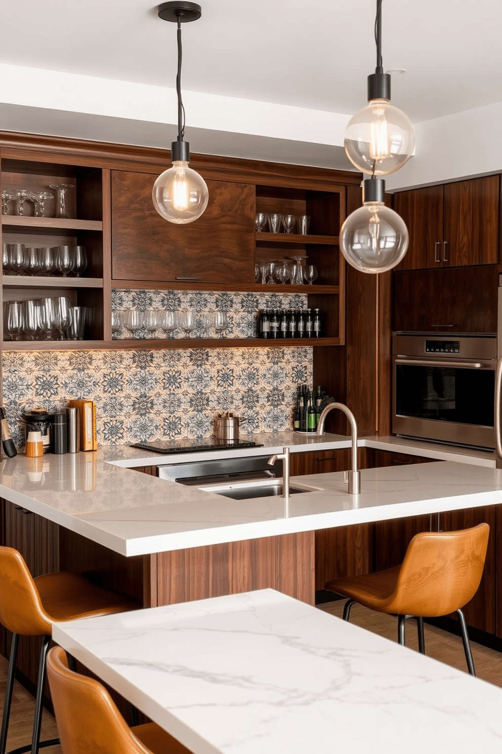 A stylish kitchen bar area featuring a sleek countertop with high stools for seating. The backsplash is adorned with intricate decorative tiles that add a pop of color and texture to the space. The cabinetry is a mix of modern and rustic elements, with open shelves displaying curated glassware. Soft pendant lights hang above the bar, creating an inviting ambiance for entertaining guests.