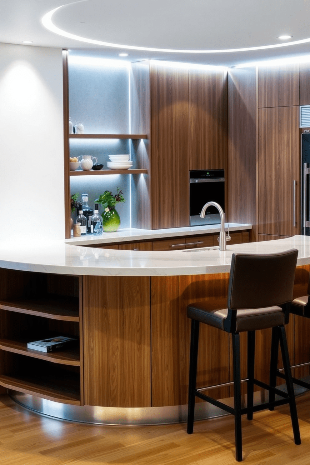 A modern kitchen bar featuring a sleek curved design with a polished quartz countertop. The bar is complemented by stylish high stools with comfortable upholstery, creating an inviting space for gatherings. The cabinetry beneath the bar showcases a mix of open shelving and closed storage, finished in a warm wood tone. Ambient lighting highlights the curvature of the bar, enhancing the overall elegance of the kitchen.