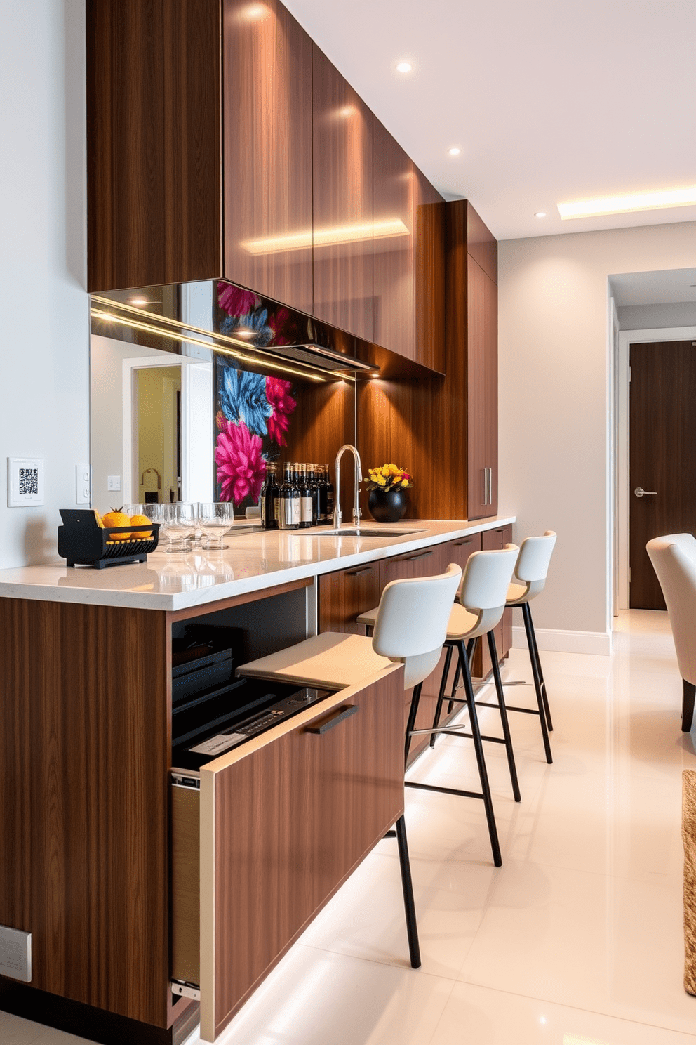 A modern kitchen bar featuring sleek cabinetry with a hidden storage solution seamlessly integrated into the design. The bar area includes stylish stools, a polished countertop, and elegant lighting that creates a warm ambiance. The cabinetry is finished in a rich wood tone, providing a contrast to the light-colored walls. Behind the bar, a mirrored backsplash reflects the vibrant colors of the decor and adds depth to the space.