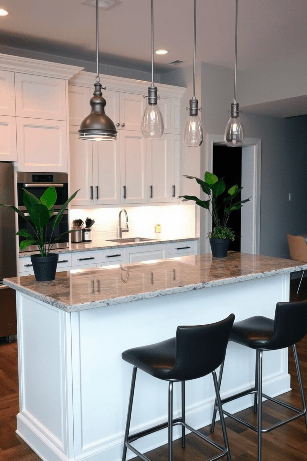 A modern kitchen bar featuring a sleek island with a polished granite countertop. Stools with comfortable cushioning surround the island, and potted plants add a touch of greenery to the space. The cabinetry is painted in a soft white, providing a clean backdrop for the stylish bar area. Pendant lights hang above the island, illuminating the space and creating a warm, inviting atmosphere.