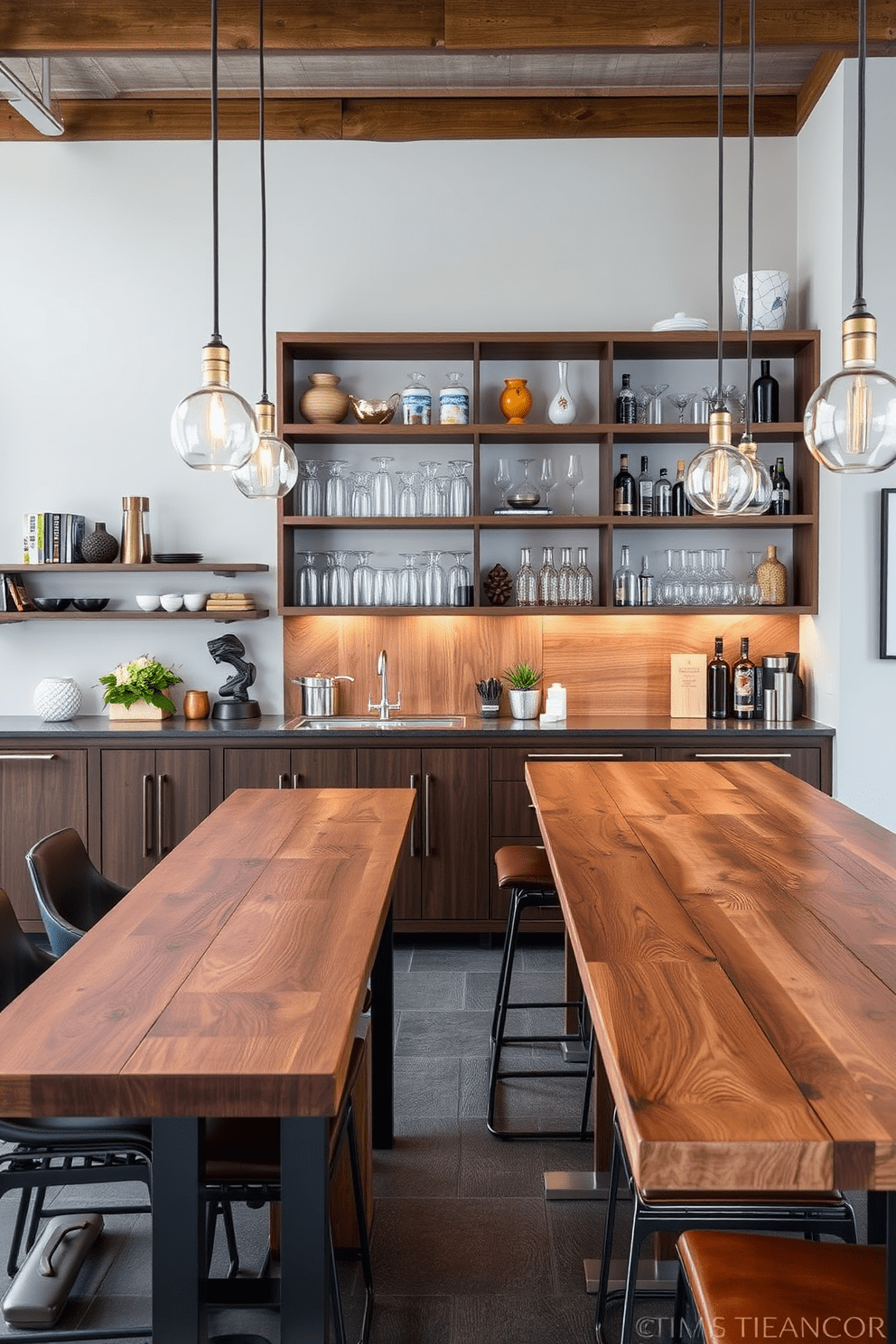 A modern kitchen bar featuring sleek bar height tables made of reclaimed wood. The space is illuminated by pendant lights hanging above, creating a warm and inviting atmosphere. The bar area is adorned with stylish stools in a mix of leather and metal finishes. A backdrop of open shelving displays an array of glassware and decorative items, adding character to the design.