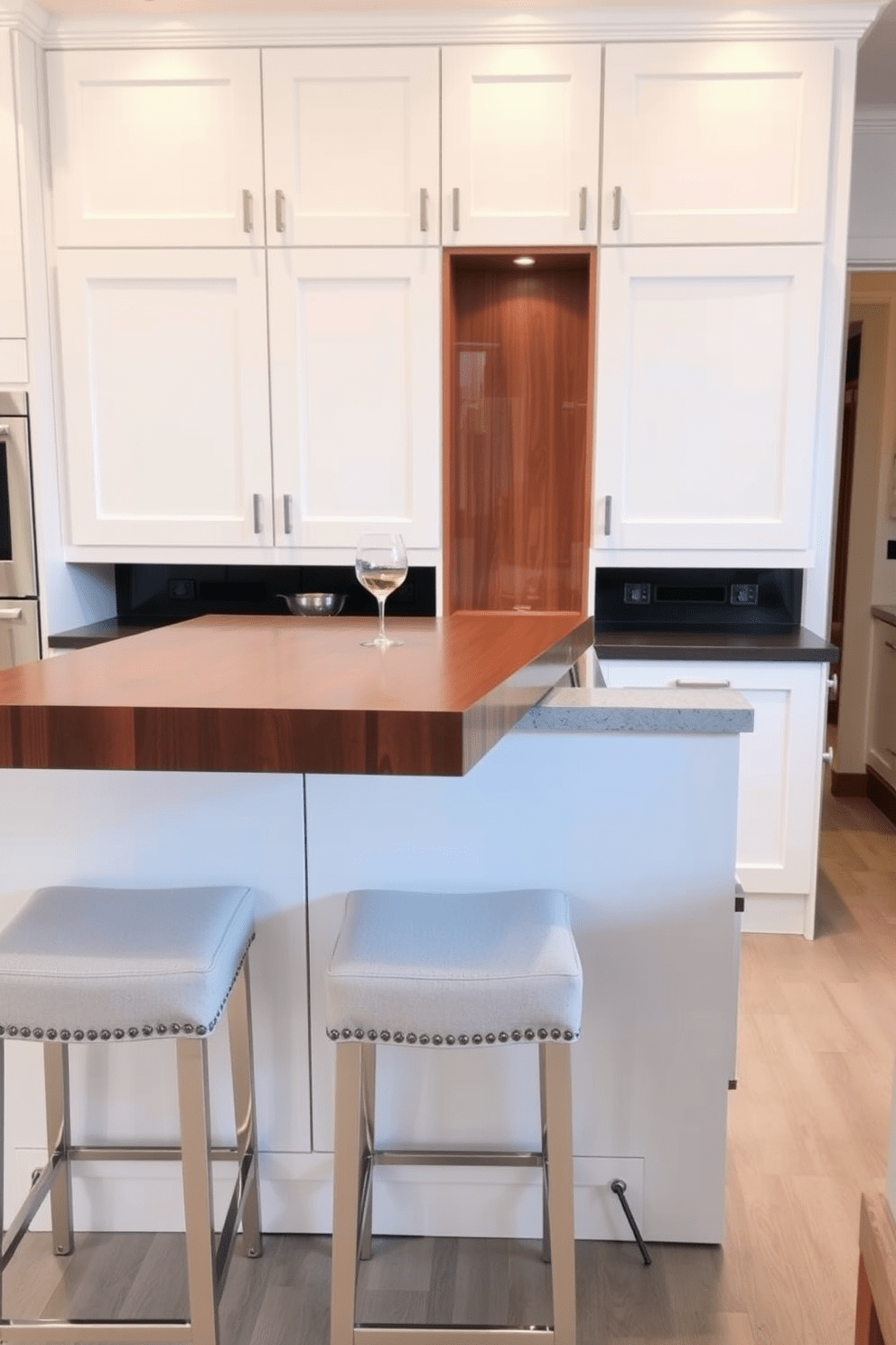 A modern kitchen bar featuring a fold-down bar top that seamlessly integrates into the overall design. The bar top is crafted from sleek wood and accented with elegant metal fixtures, providing a stylish yet functional space for entertaining. The surrounding cabinetry is painted in a soft white hue, creating a bright and inviting atmosphere. Underneath the bar, comfortable stools with plush upholstery invite guests to sit and enjoy the space.